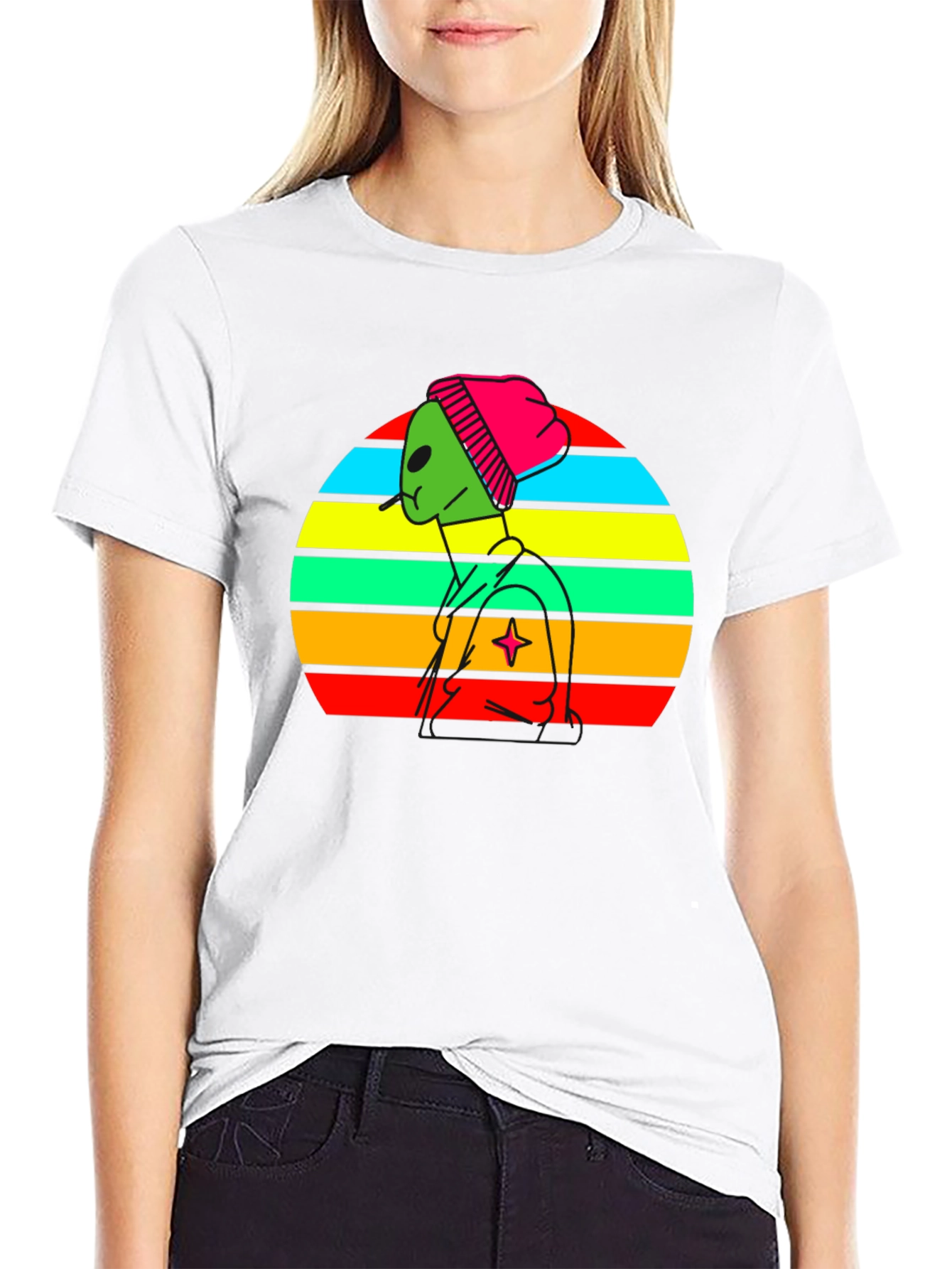 Retro Alien Graphic Tee - Black Cotton Blend T-Shirt