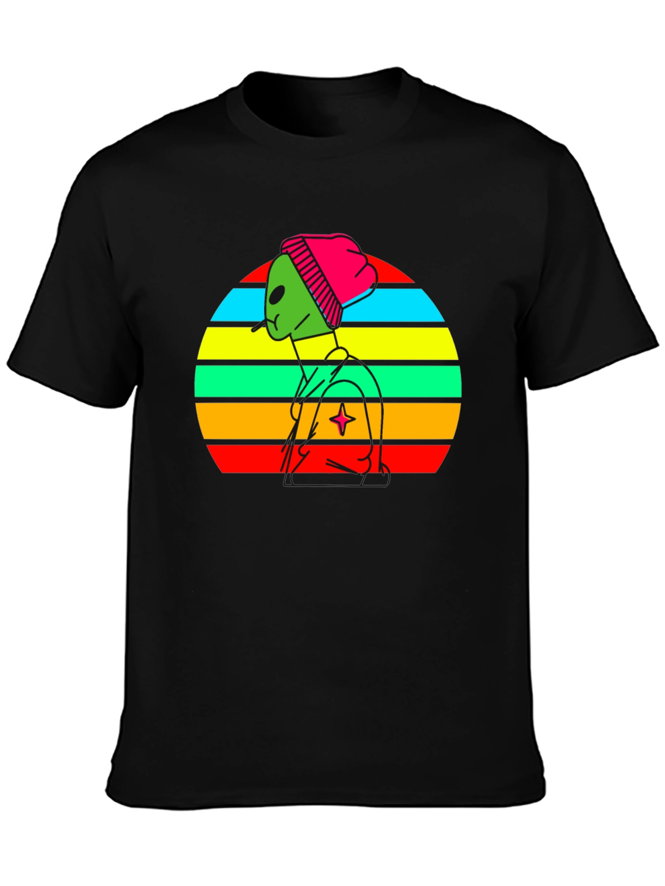 Retro Alien Graphic Tee - Black Cotton Blend T-Shirt