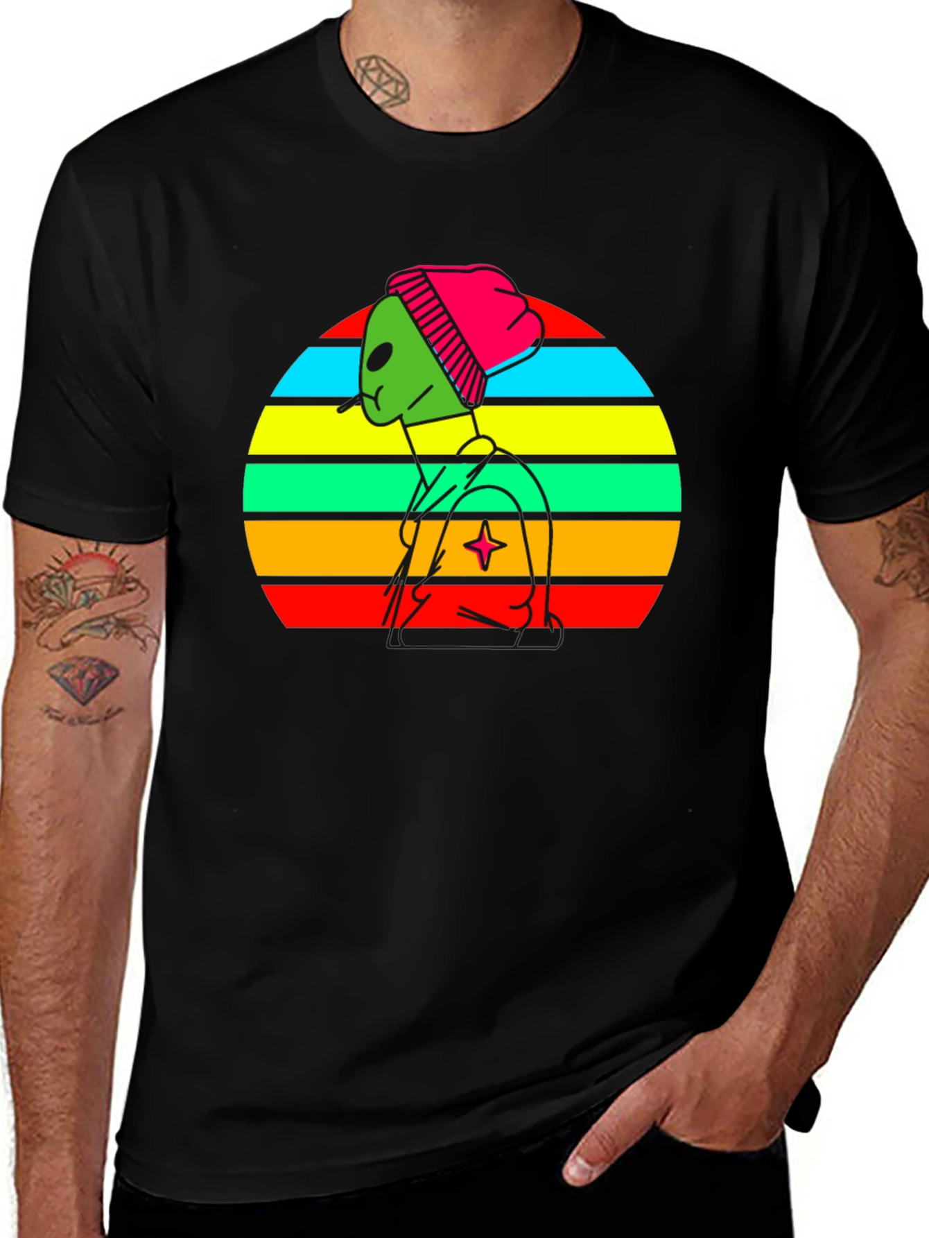 Retro Alien Graphic Tee - Black Cotton Blend T-Shirt