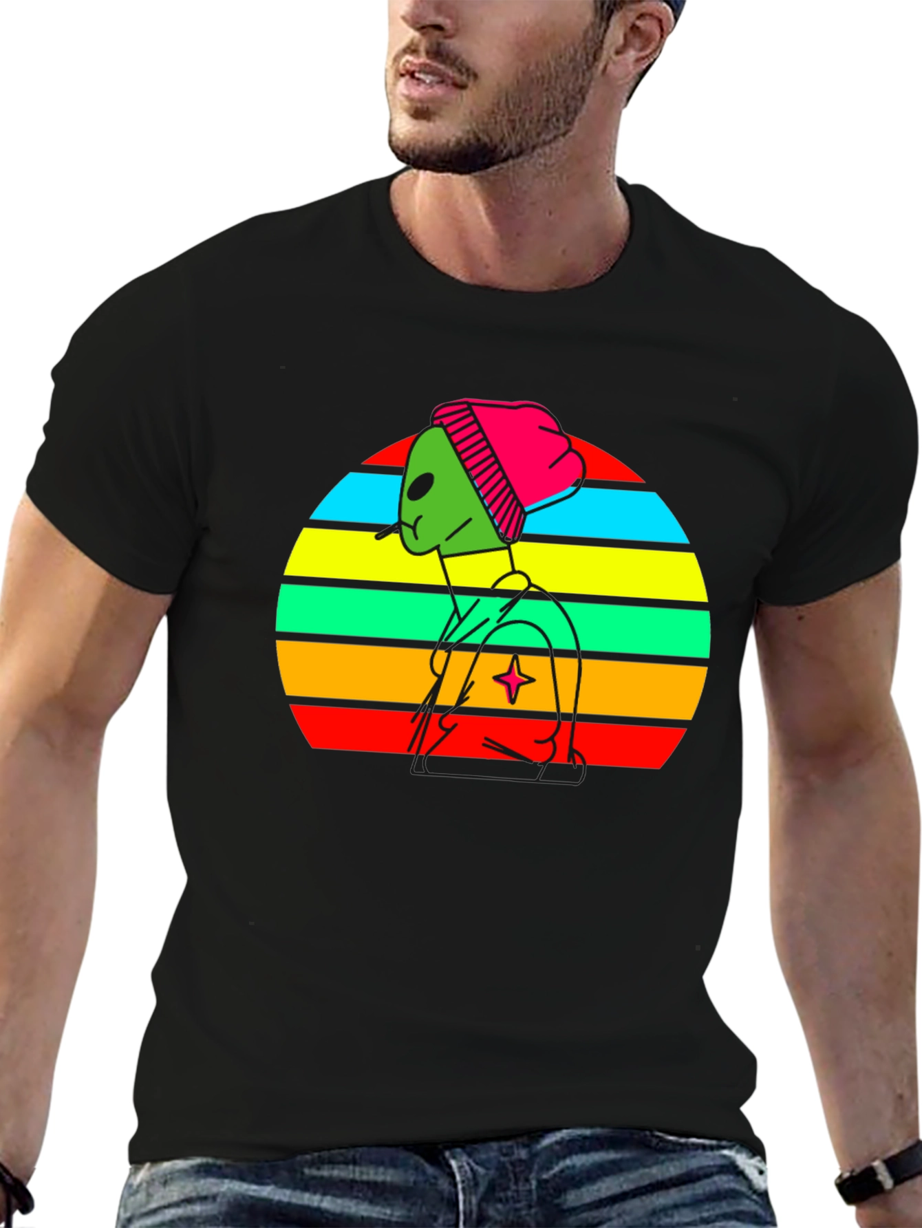 Retro Alien Graphic Tee - Black Cotton Blend T-Shirt