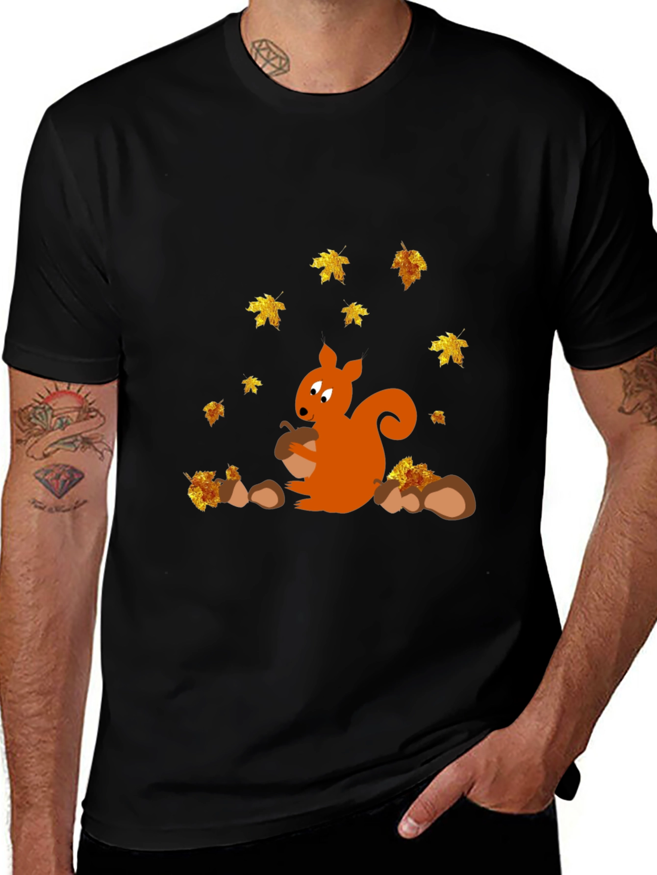 Squirrel and Autumn Leaves Black T-Shirt