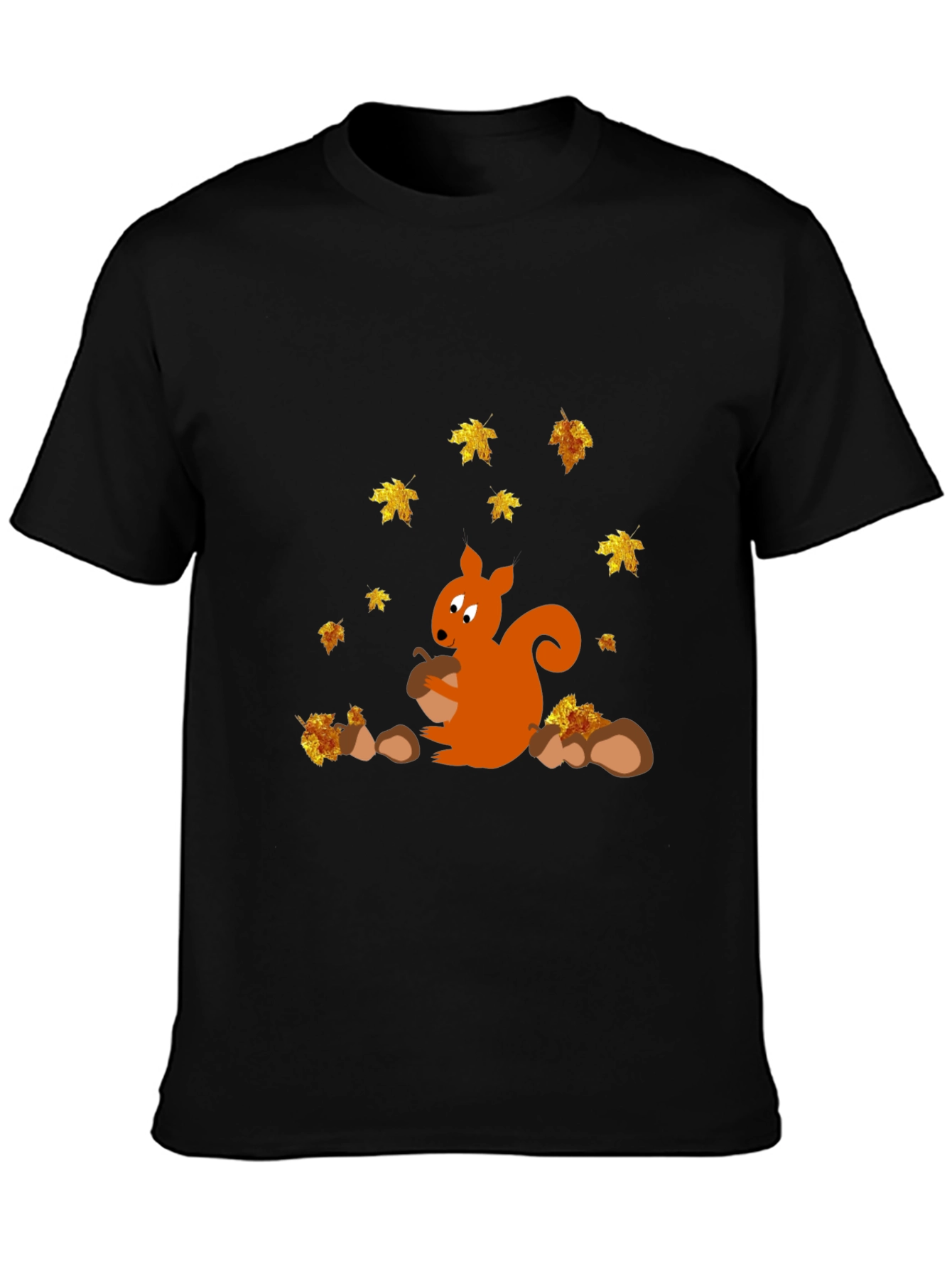 Squirrel and Autumn Leaves Black T-Shirt
