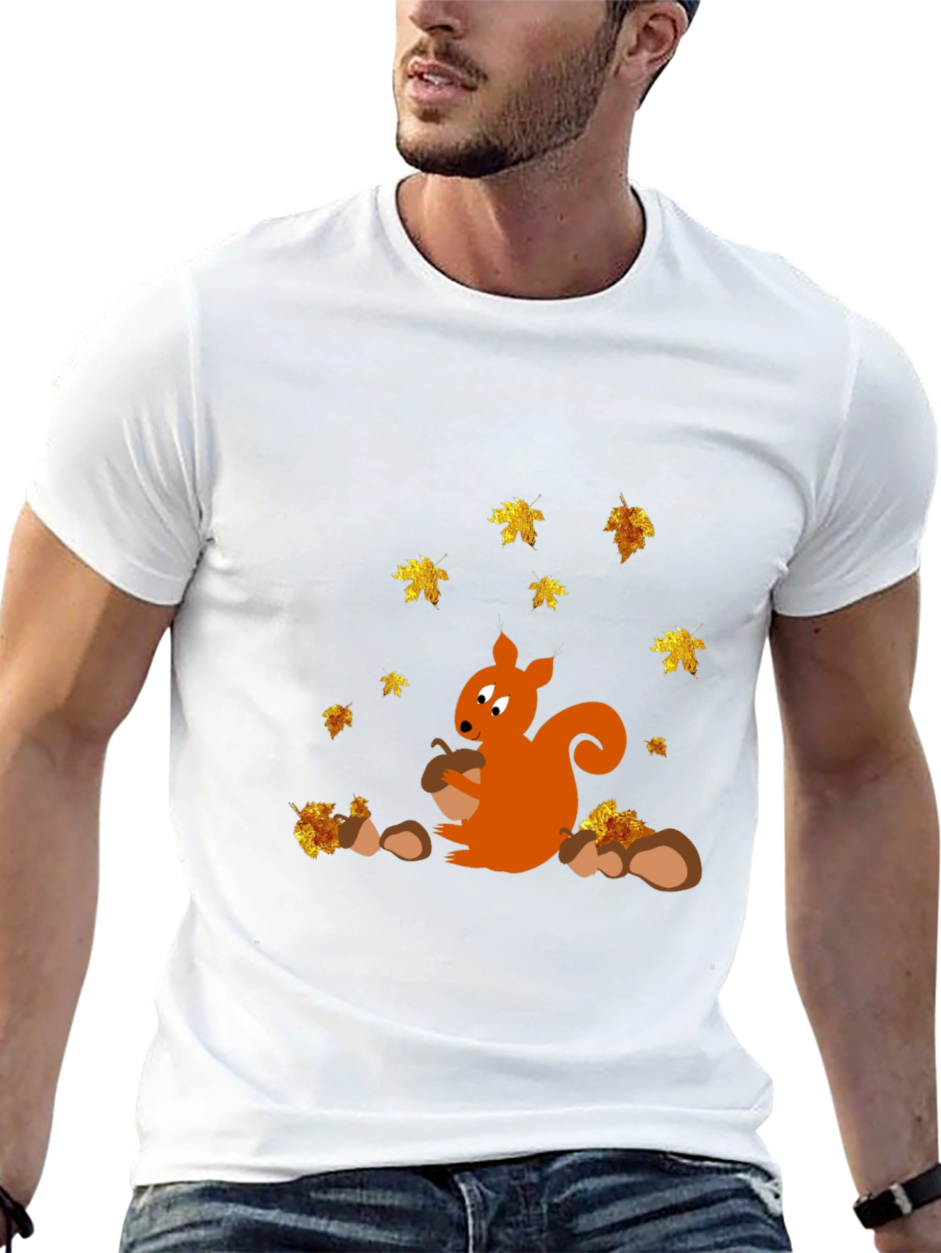 Squirrel and Autumn Leaves Black T-Shirt