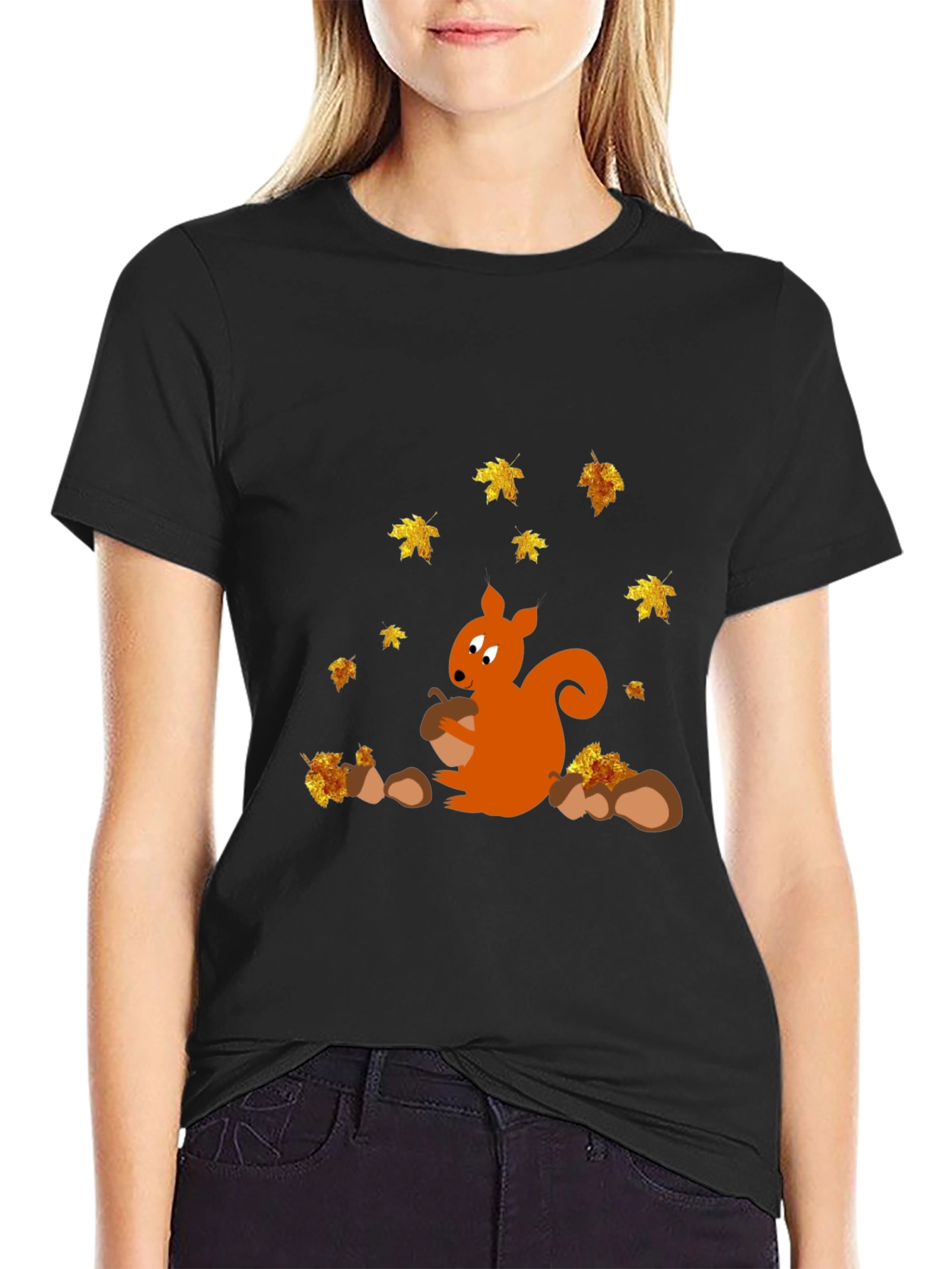 Squirrel and Autumn Leaves Black T-Shirt