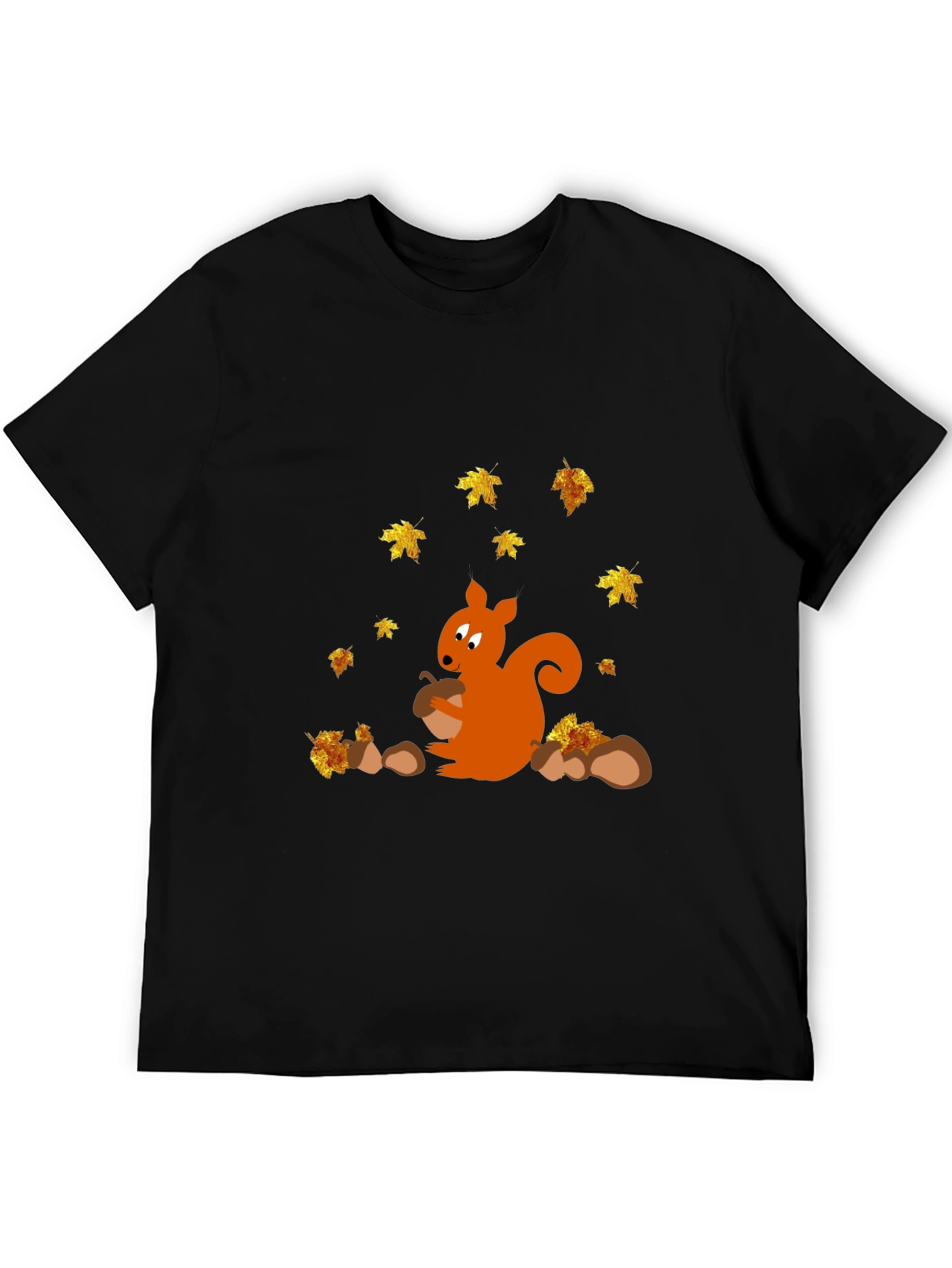 Squirrel and Autumn Leaves Black T-Shirt