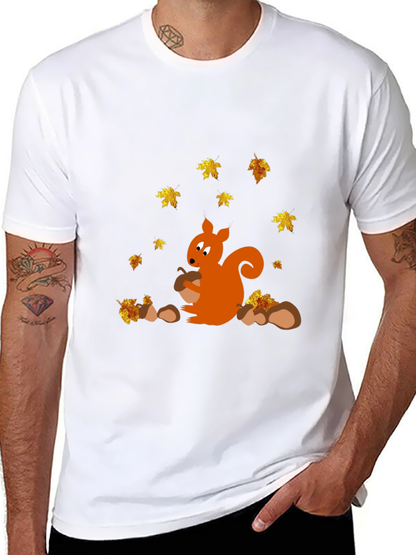 Squirrel and Autumn Leaves Black T-Shirt