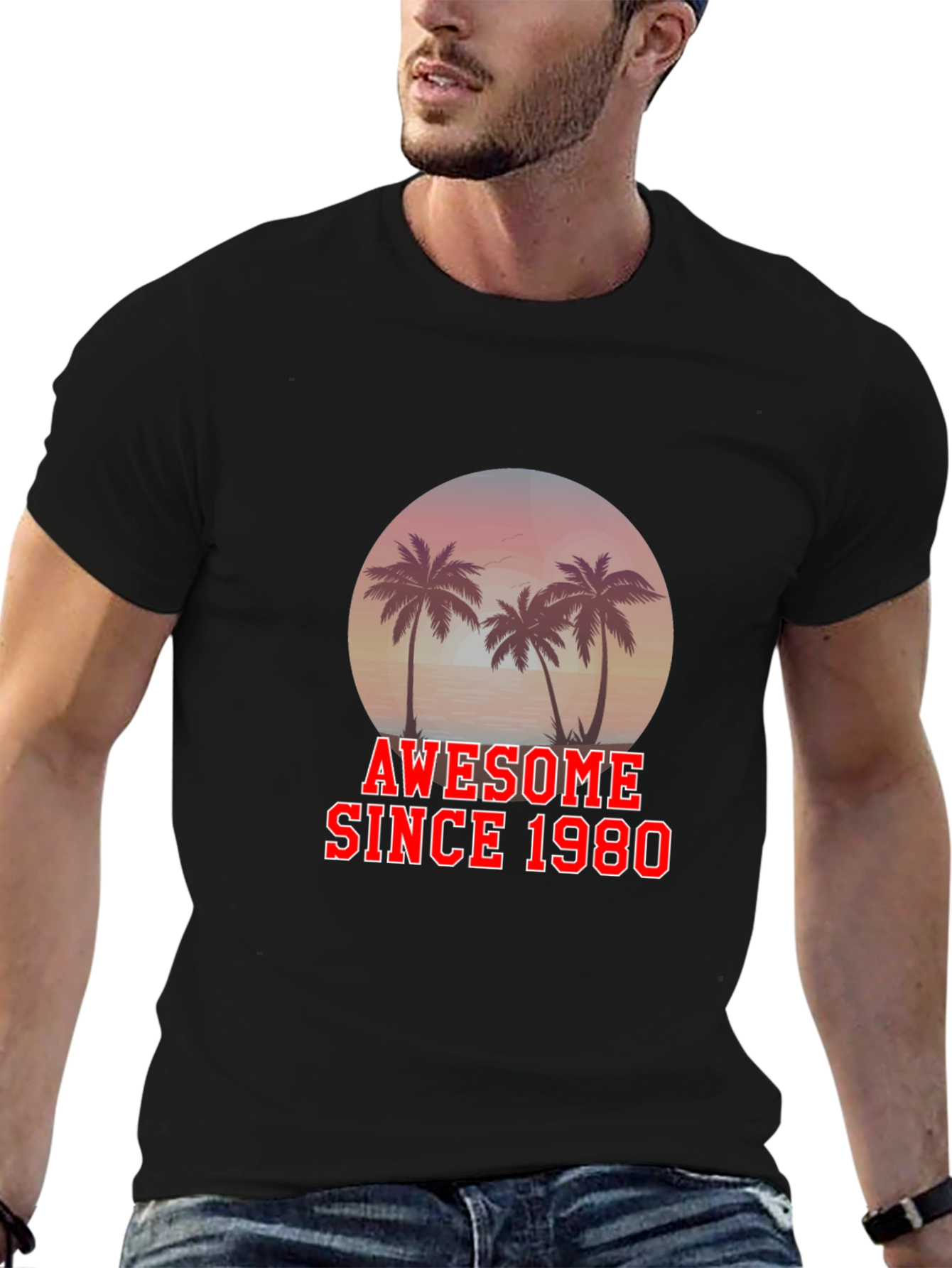 Awesome Since 1980 T-Shirt Palm Tree Graphic Black Tee