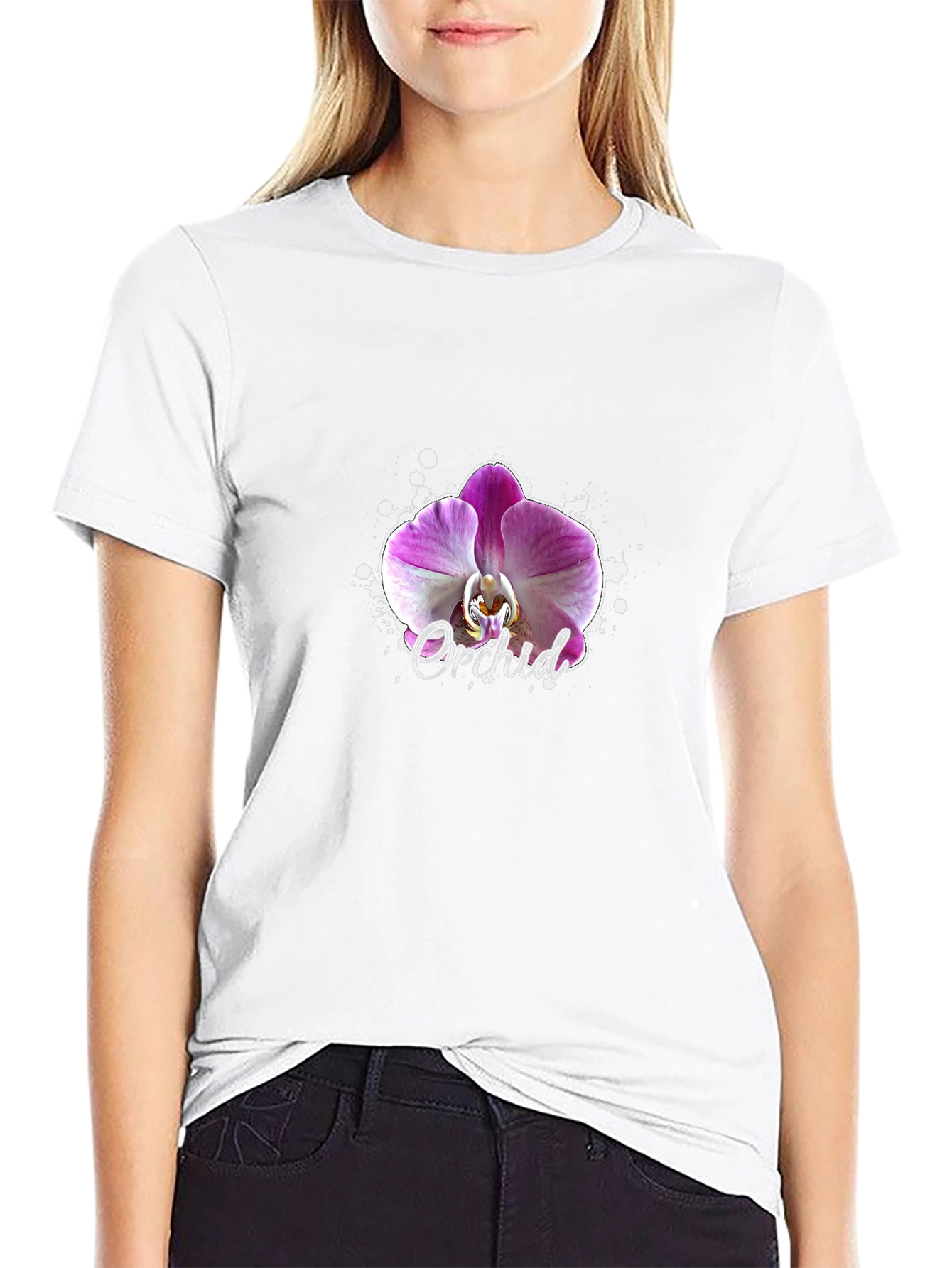 Orchid Flower Graphic Black T-Shirt