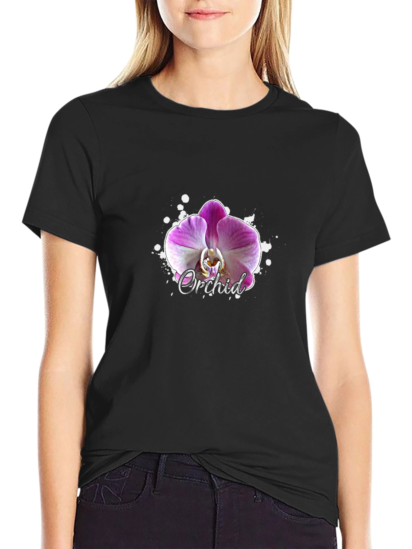 Orchid Flower Graphic Black T-Shirt