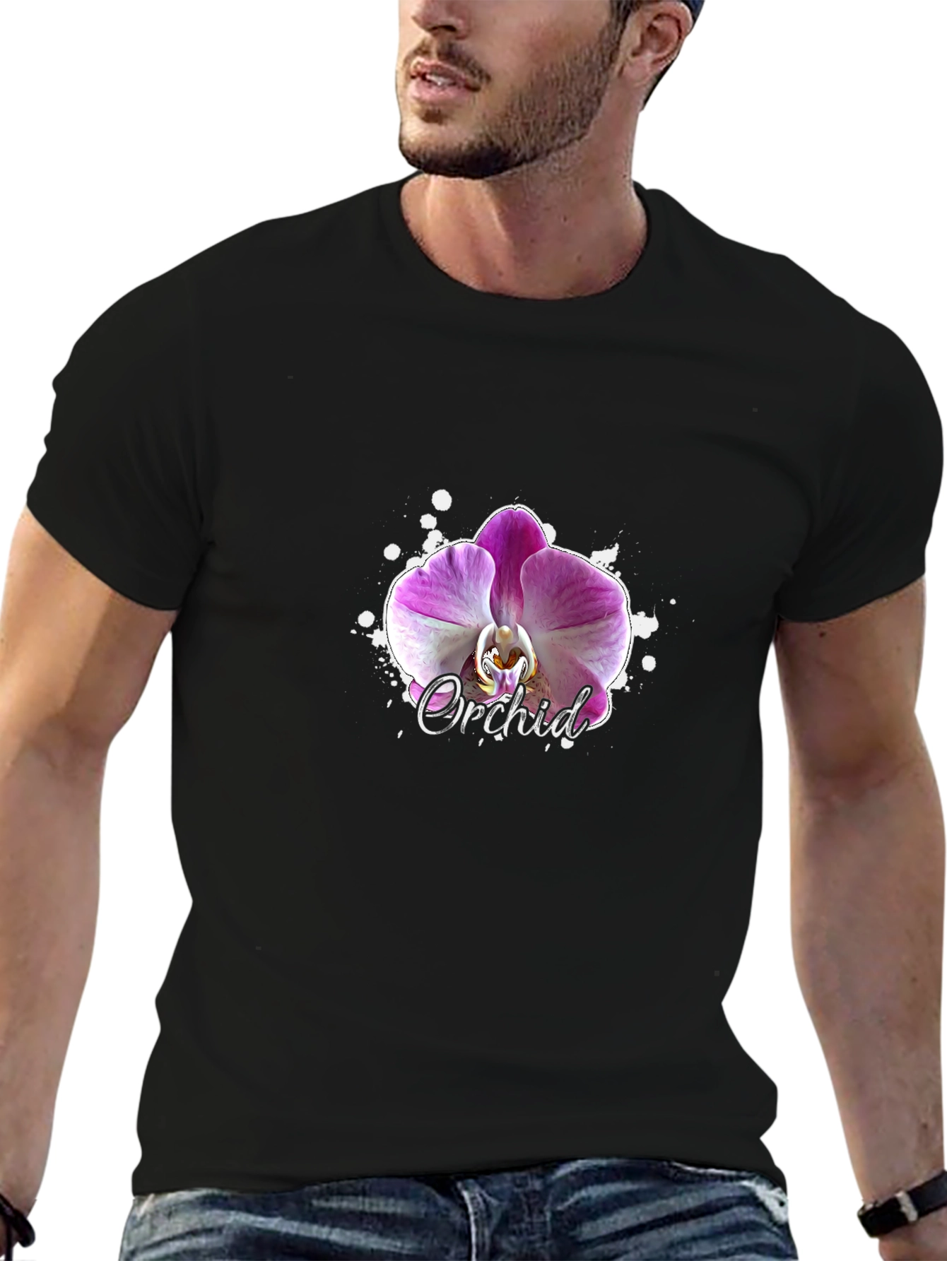 Orchid Flower Graphic Black T-Shirt