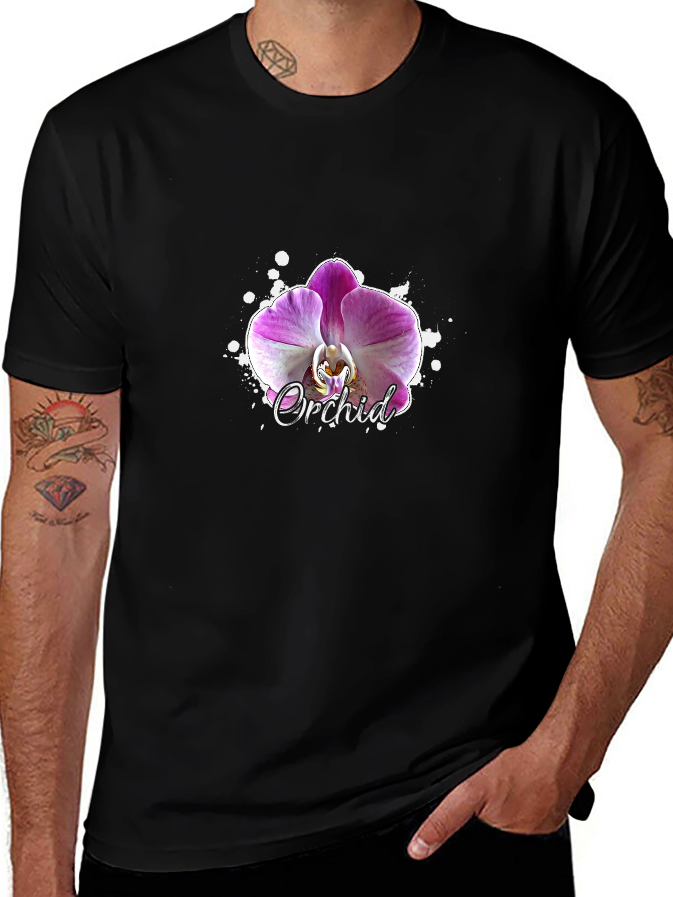 Orchid Flower Graphic Black T-Shirt