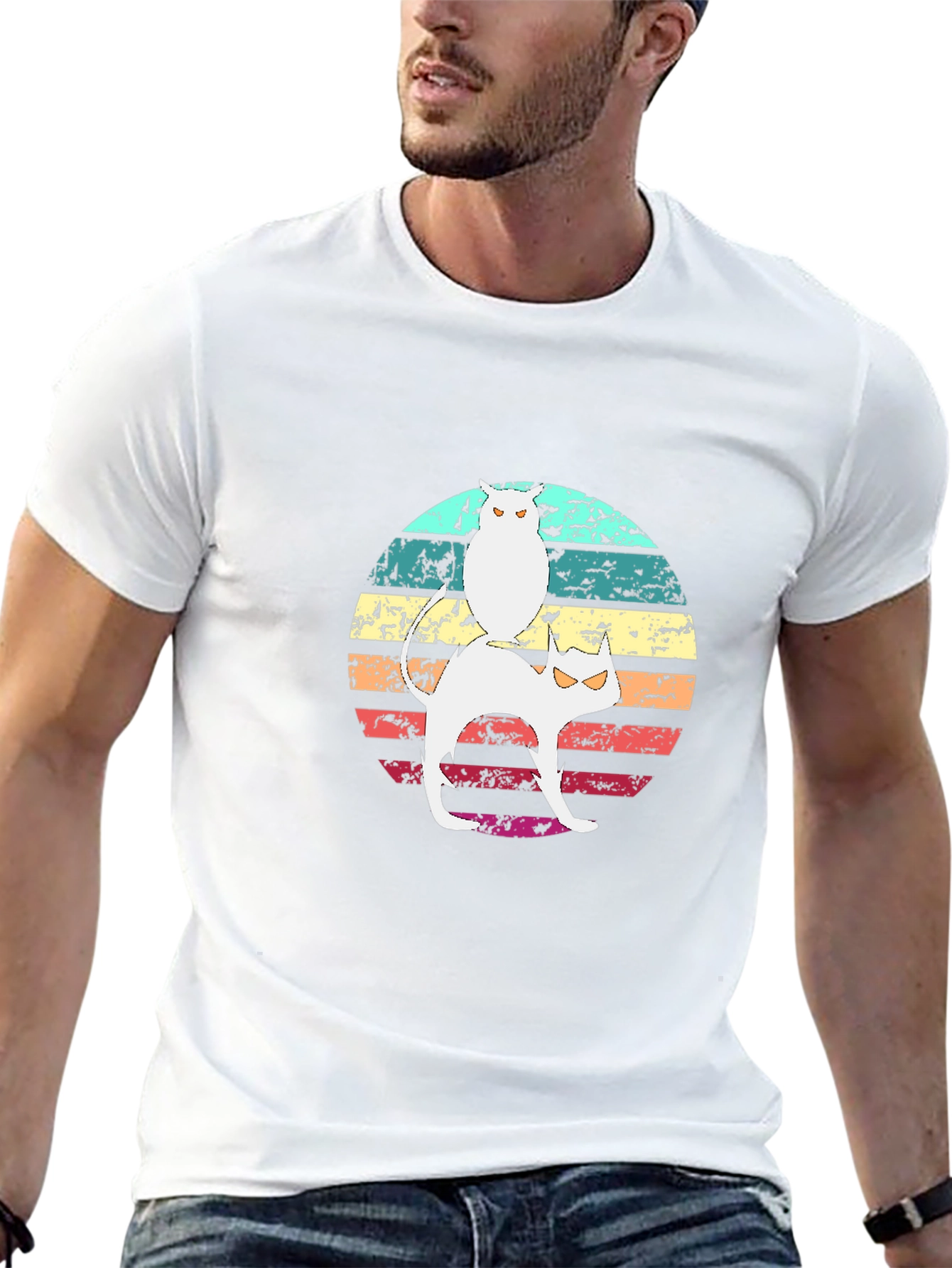 Cat & Owl Graphic Tee - Retro Style