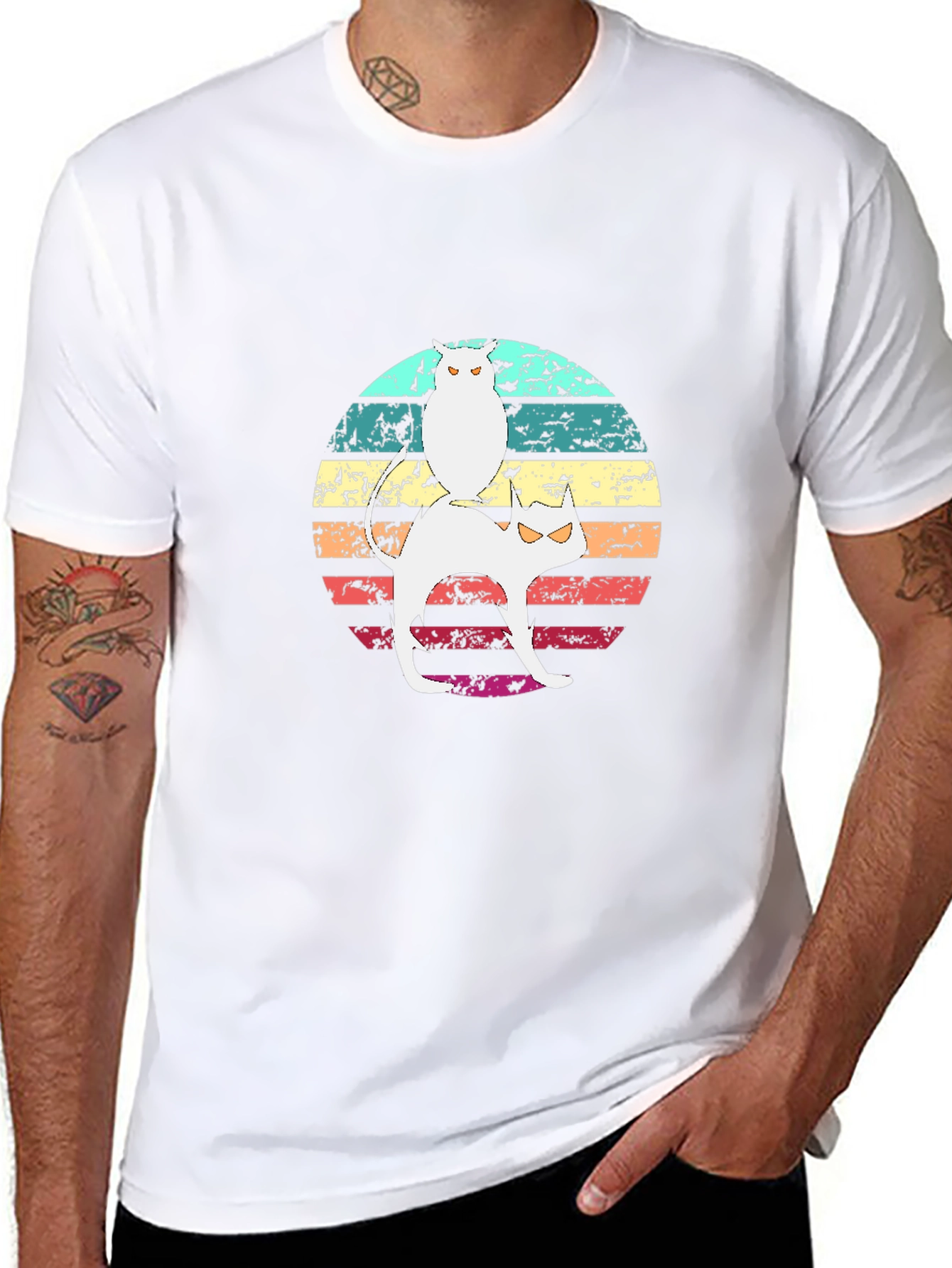 Cat & Owl Graphic Tee - Retro Style