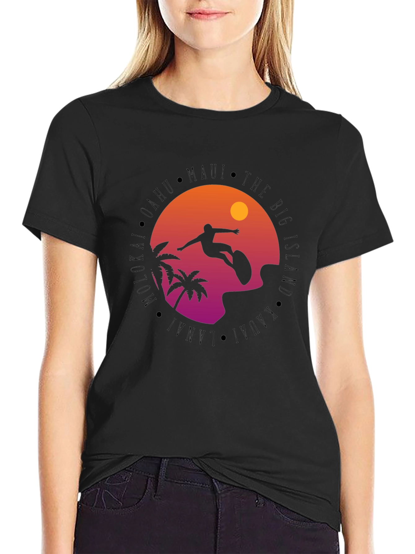 Hawaii Islands Surfing Silhouette Black T-Shirt