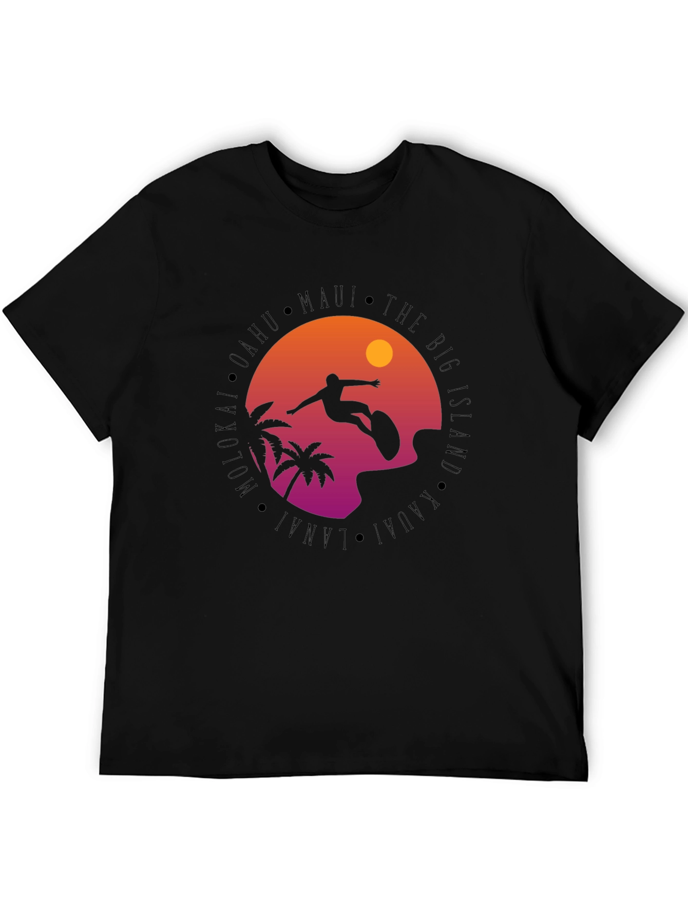 Hawaii Islands Surfing Silhouette Black T-Shirt