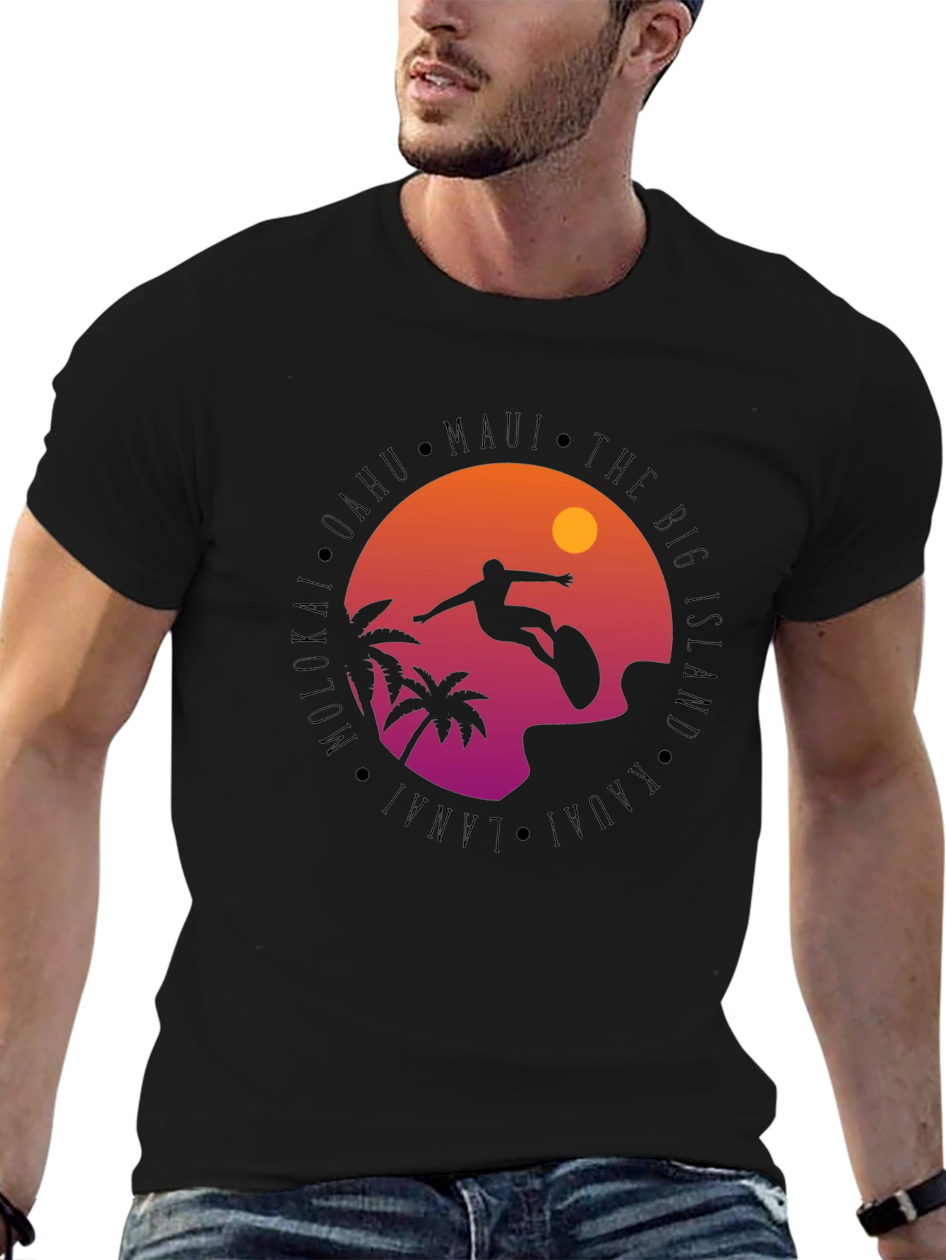 Hawaii Islands Surfing Silhouette Black T-Shirt