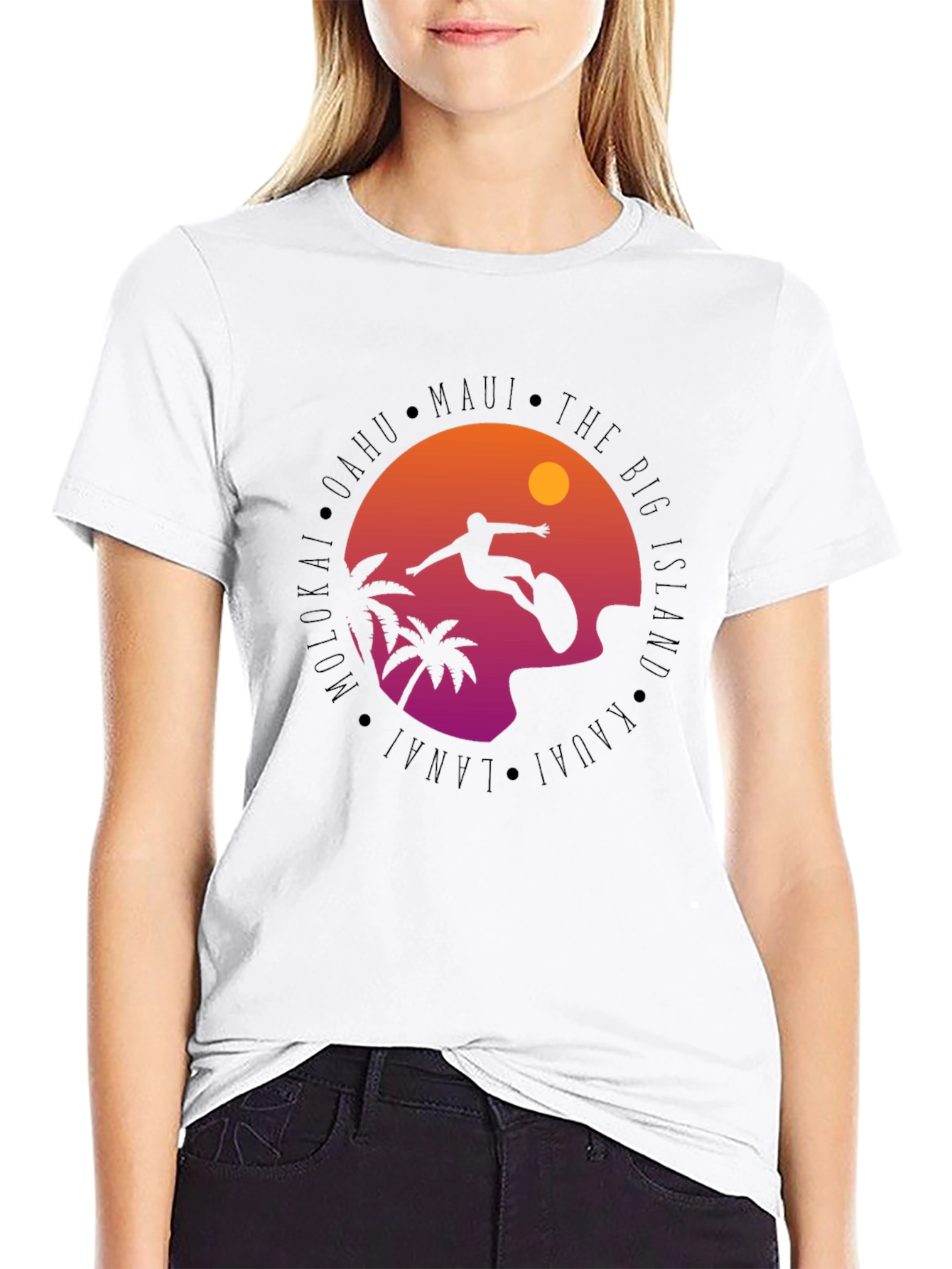 Hawaii Islands Surfing Silhouette Black T-Shirt