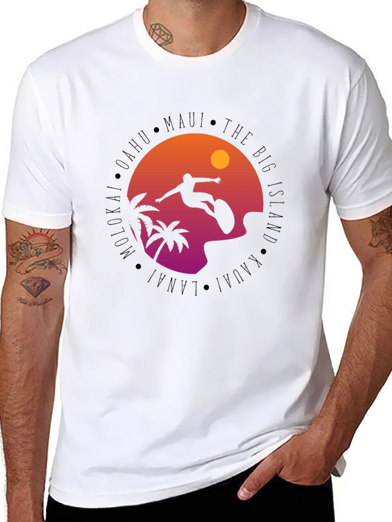 Hawaii Islands Surfing Silhouette Black T-Shirt