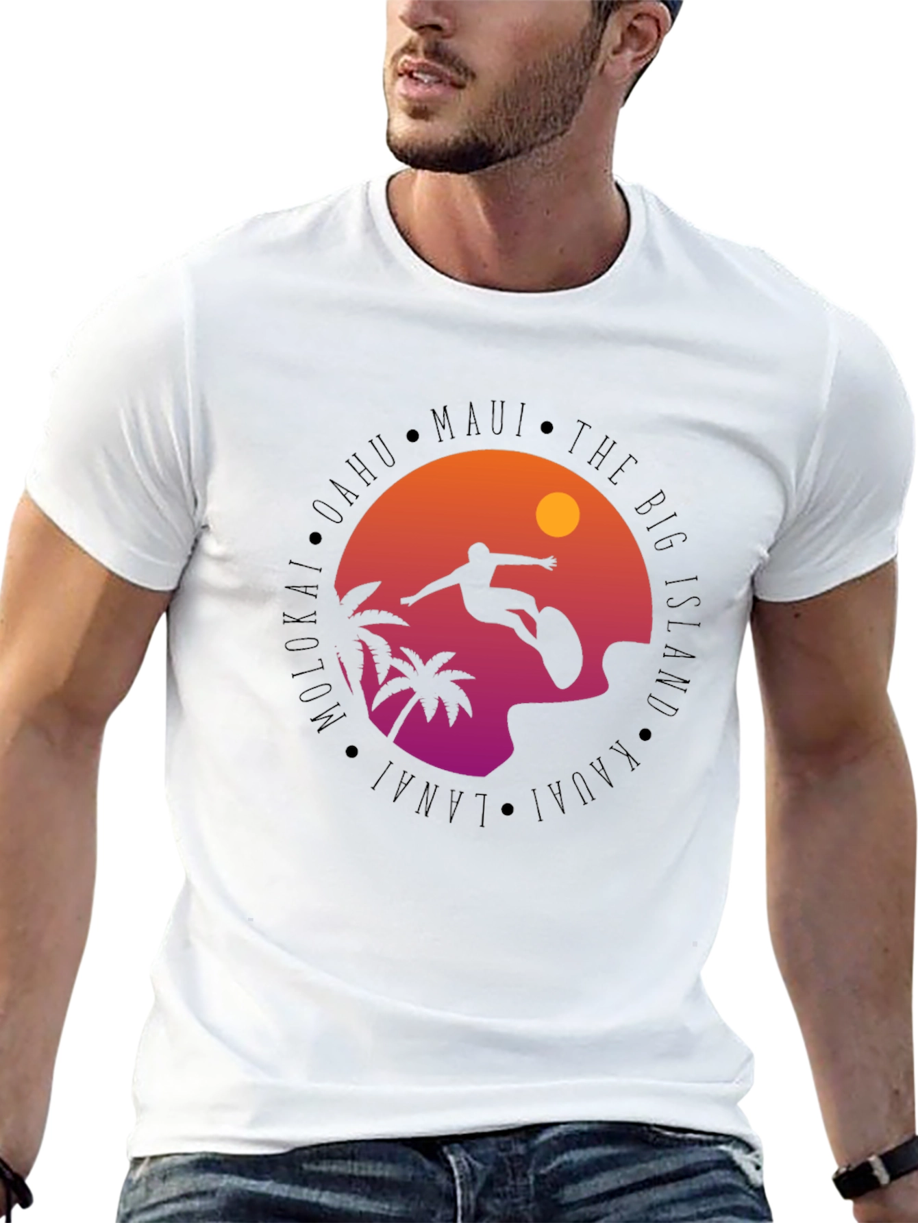 Hawaii Islands Surfing Silhouette Black T-Shirt