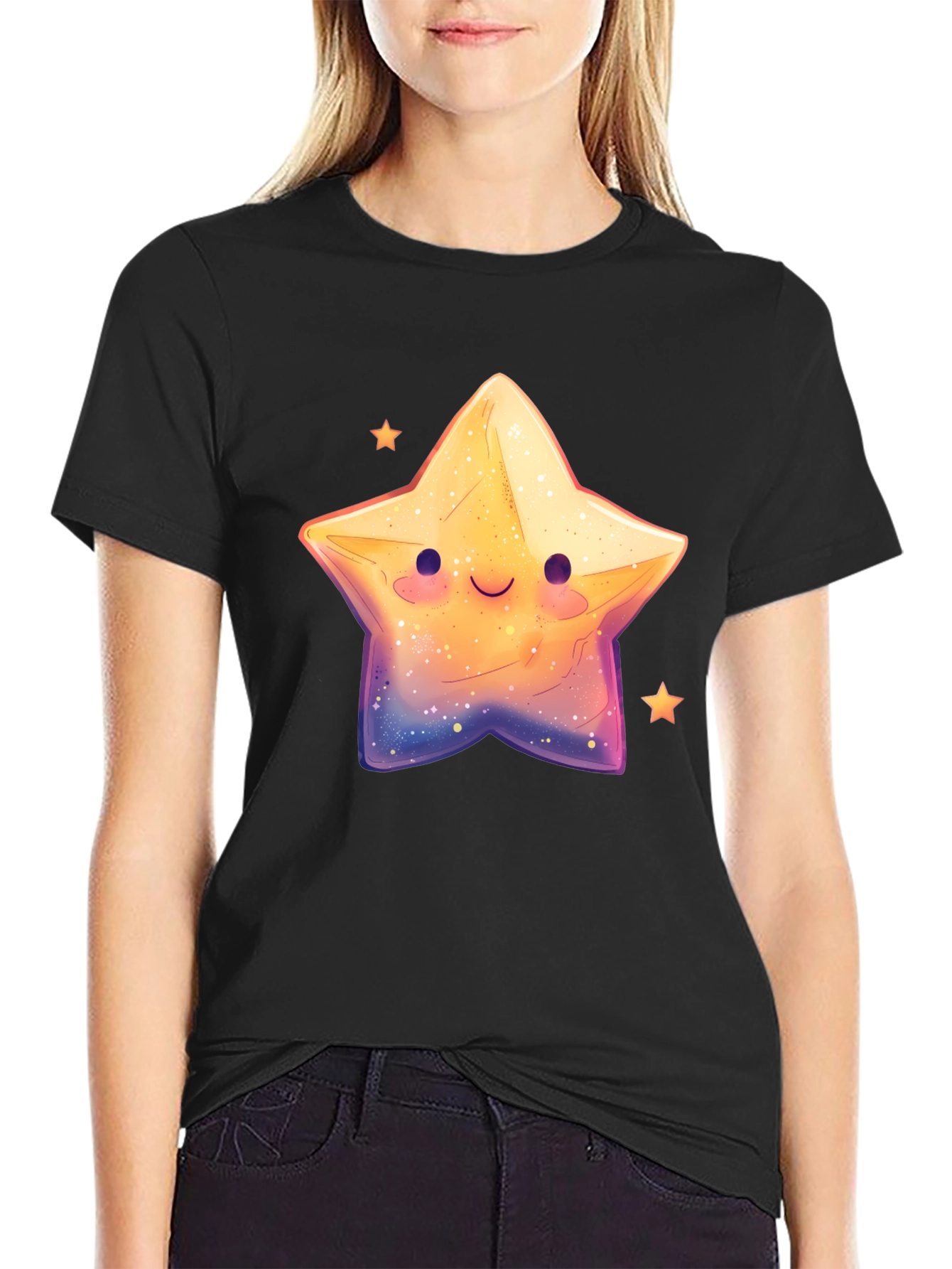 Cute Smiling Star Graphic Tee - Black