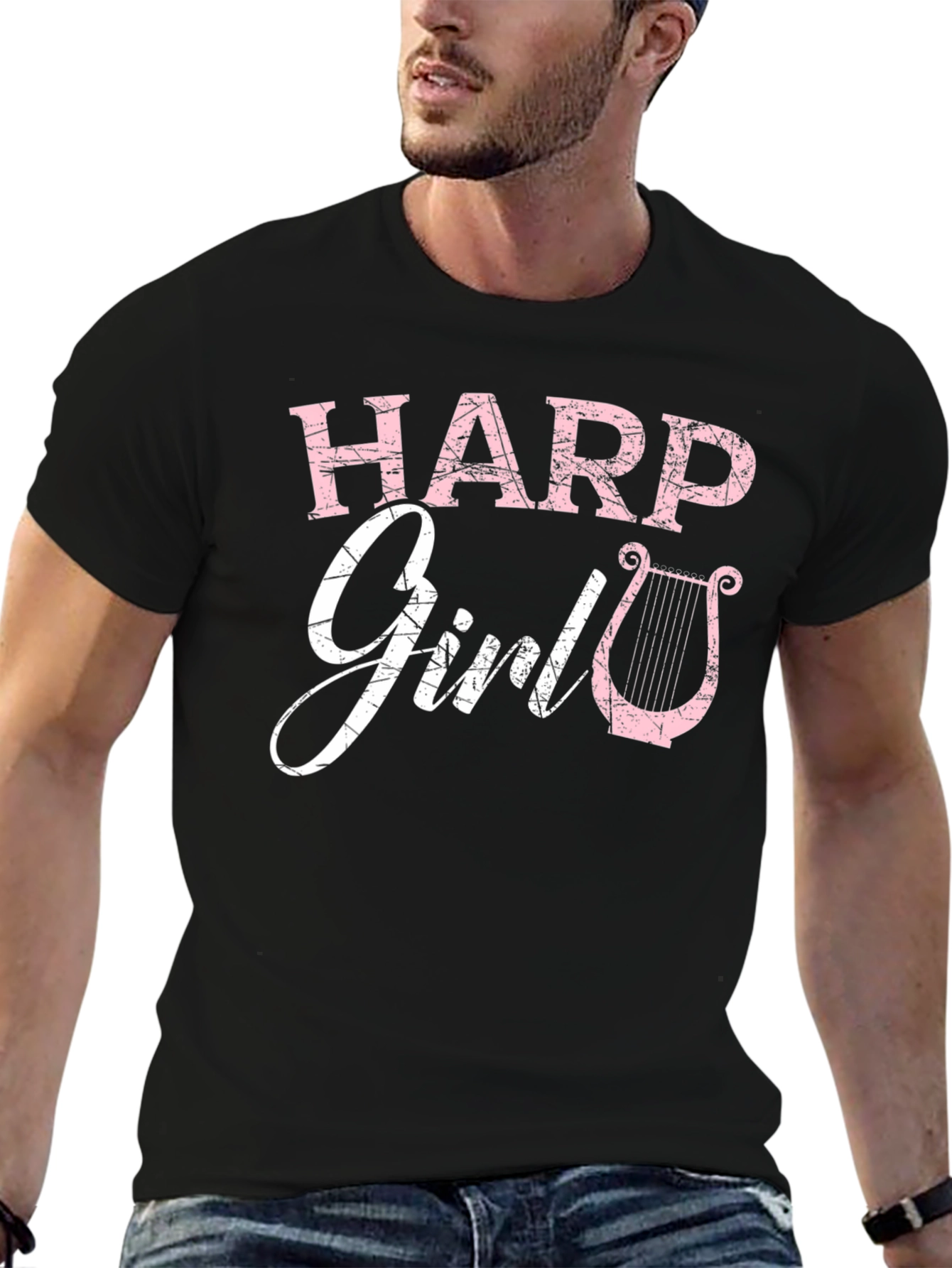 Harp Girl T-Shirt - Musician Tee - Pink Harp