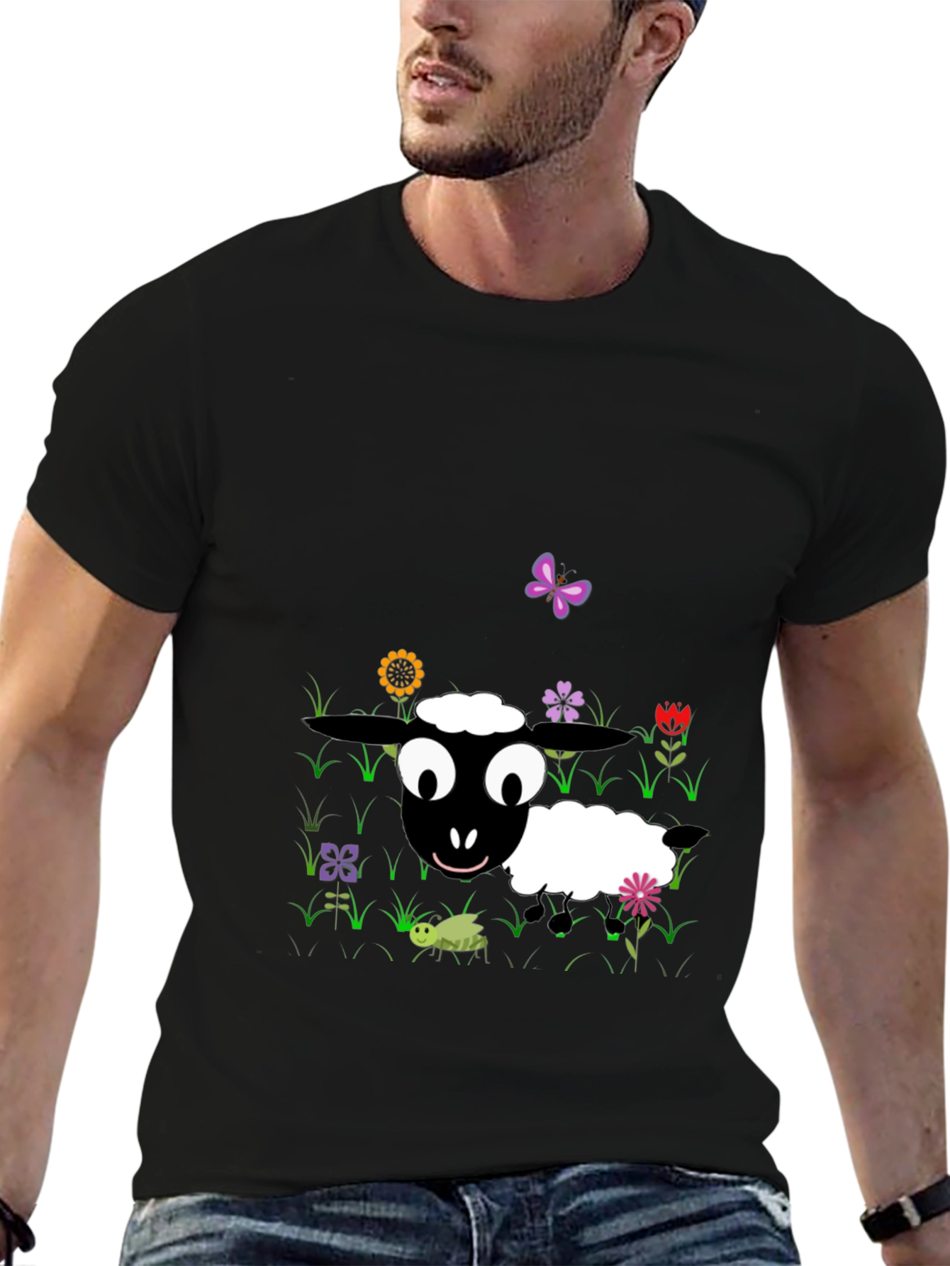 Cartoon Sheep Graphic Tee - Black