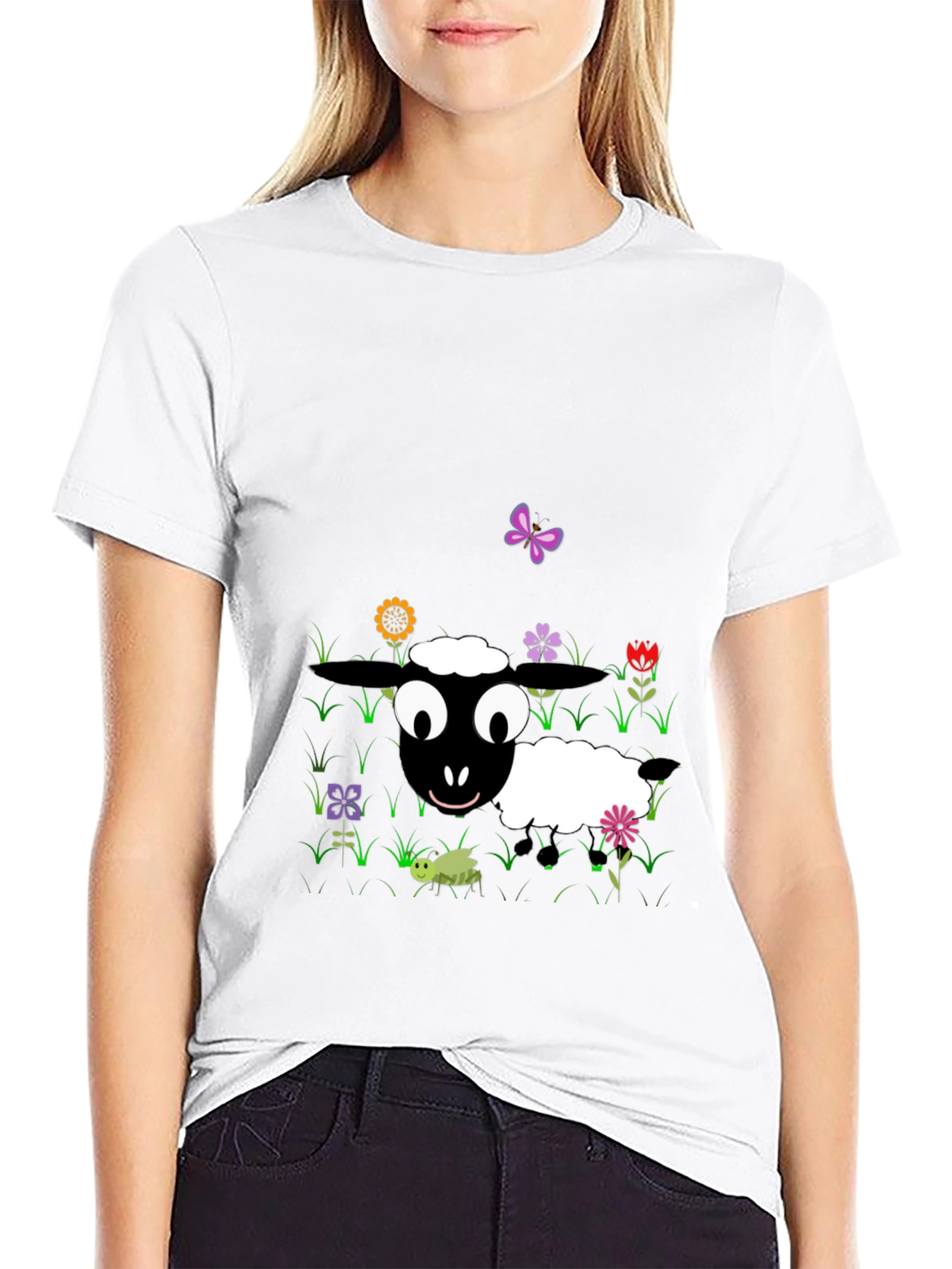 Cartoon Sheep Graphic Tee - Black