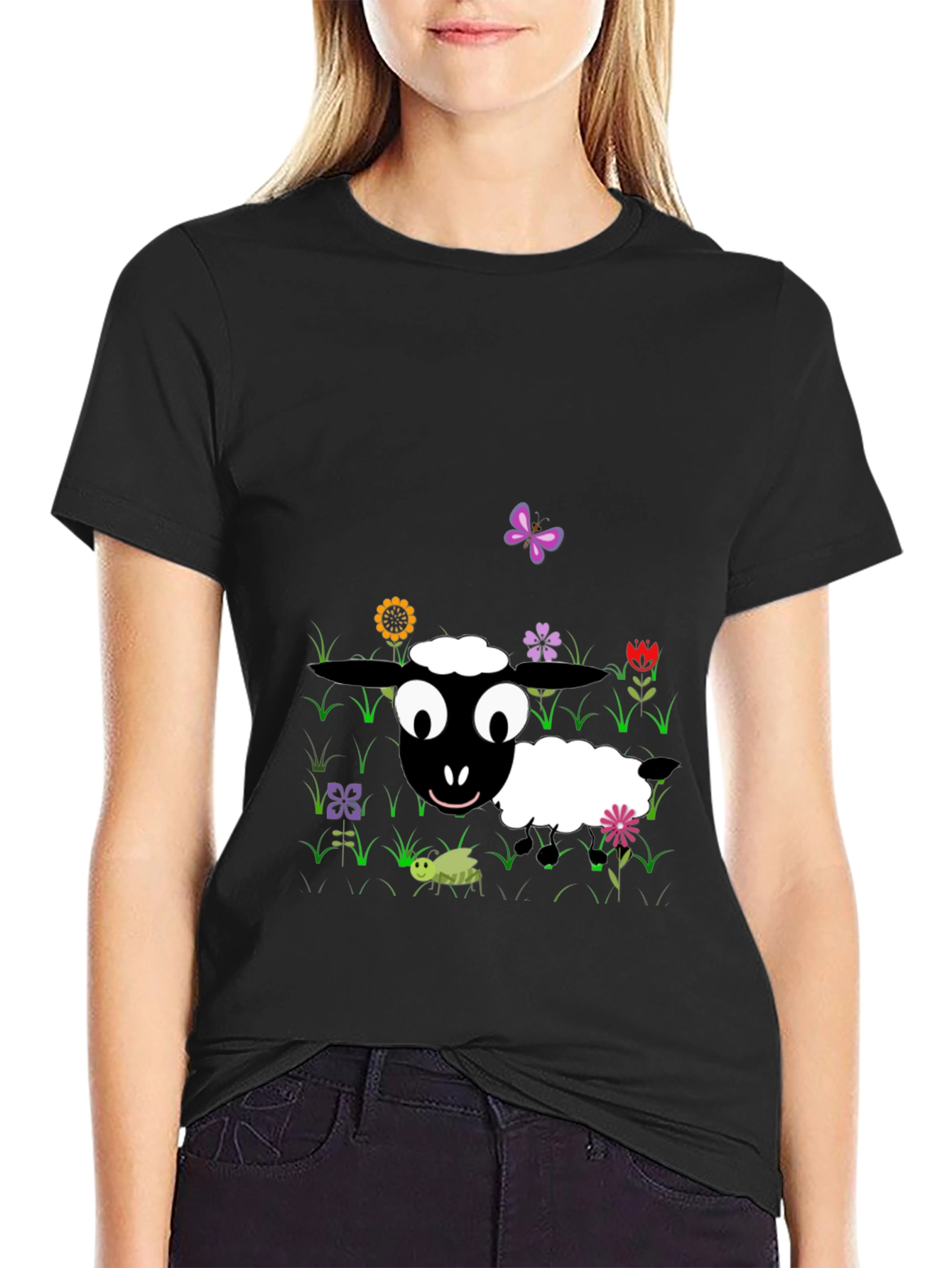 Cartoon Sheep Graphic Tee - Black