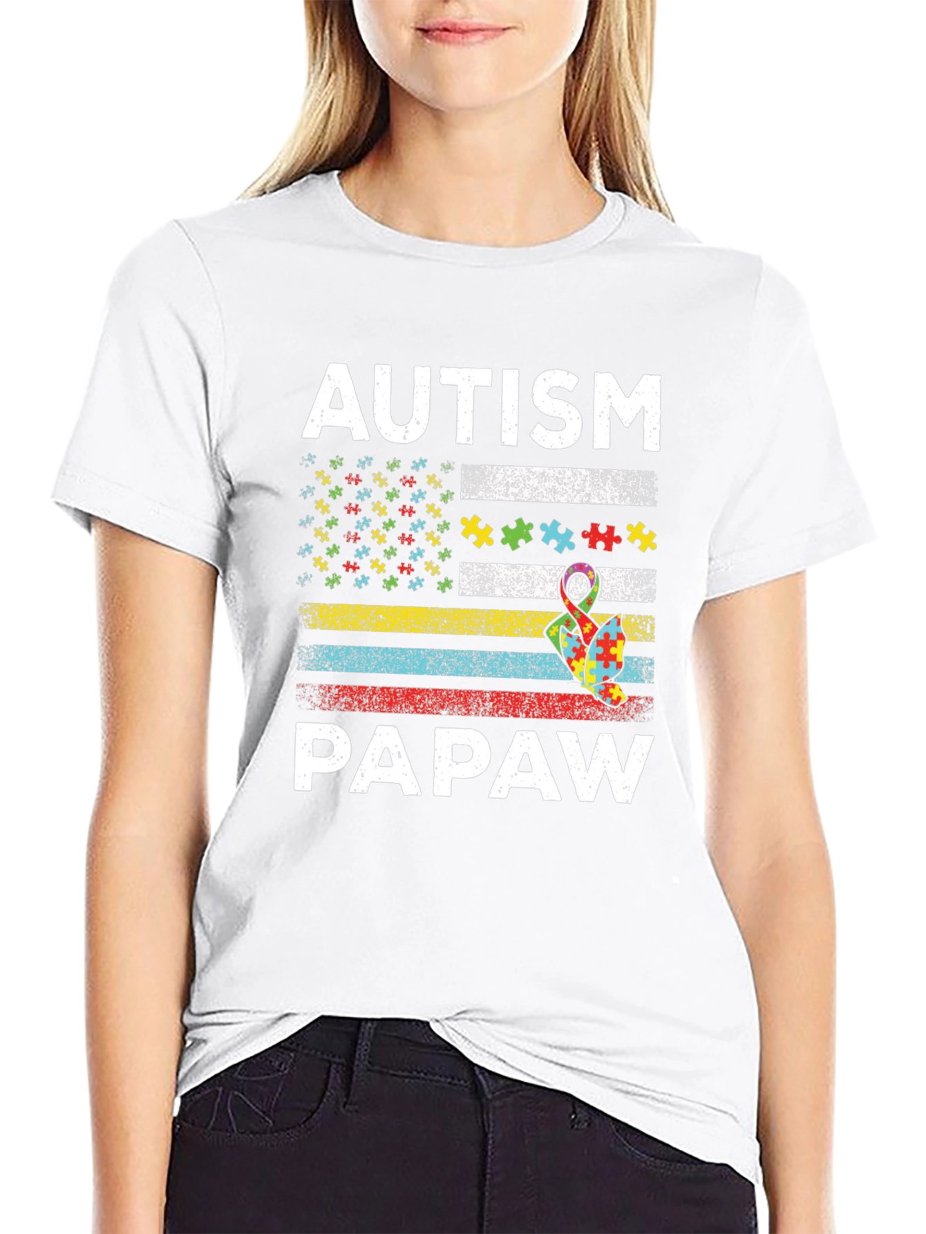 Autism Papaw T-Shirt - Puzzle Ribbon US Flag