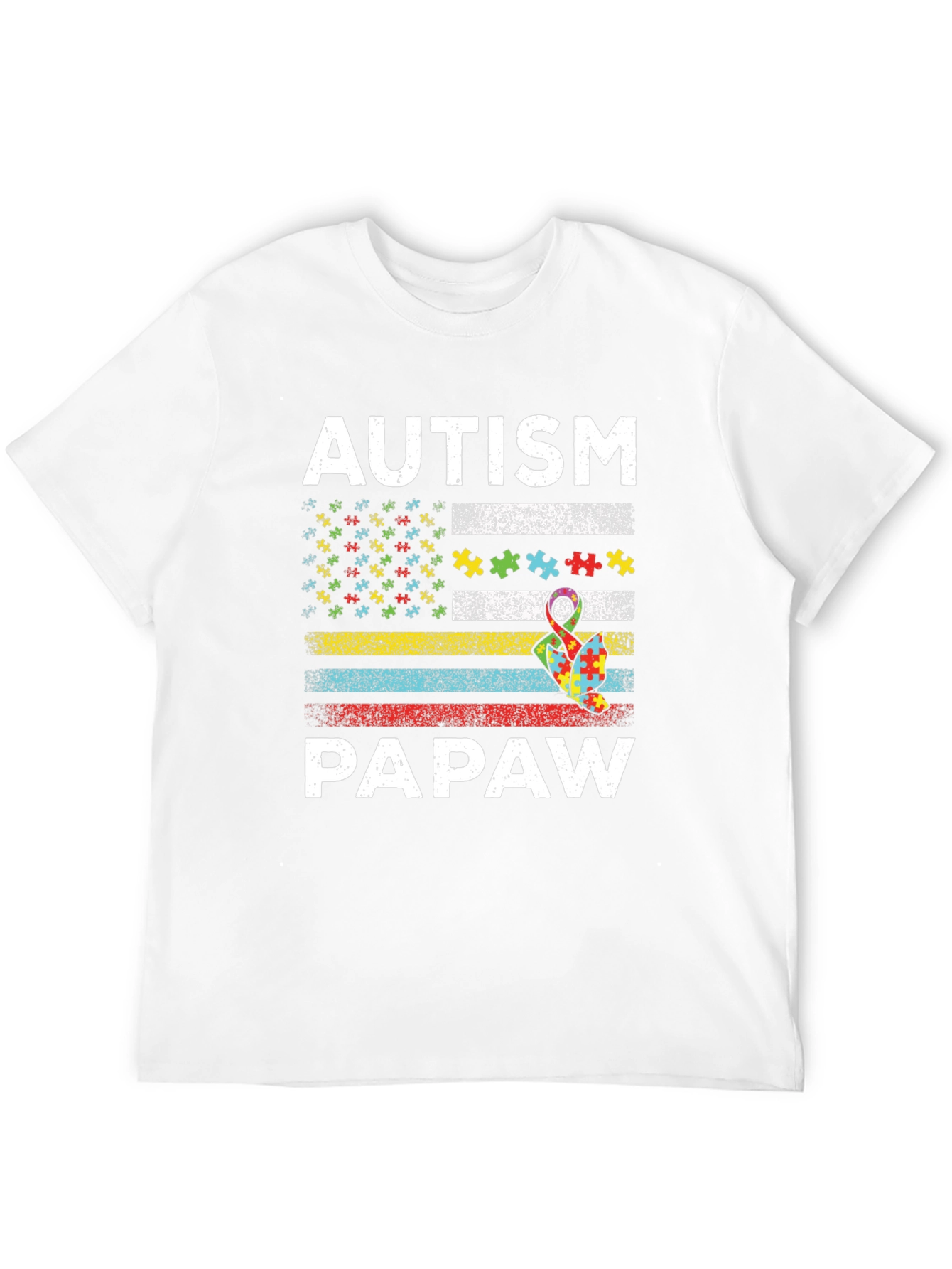 Autism Papaw T-Shirt - Puzzle Ribbon US Flag