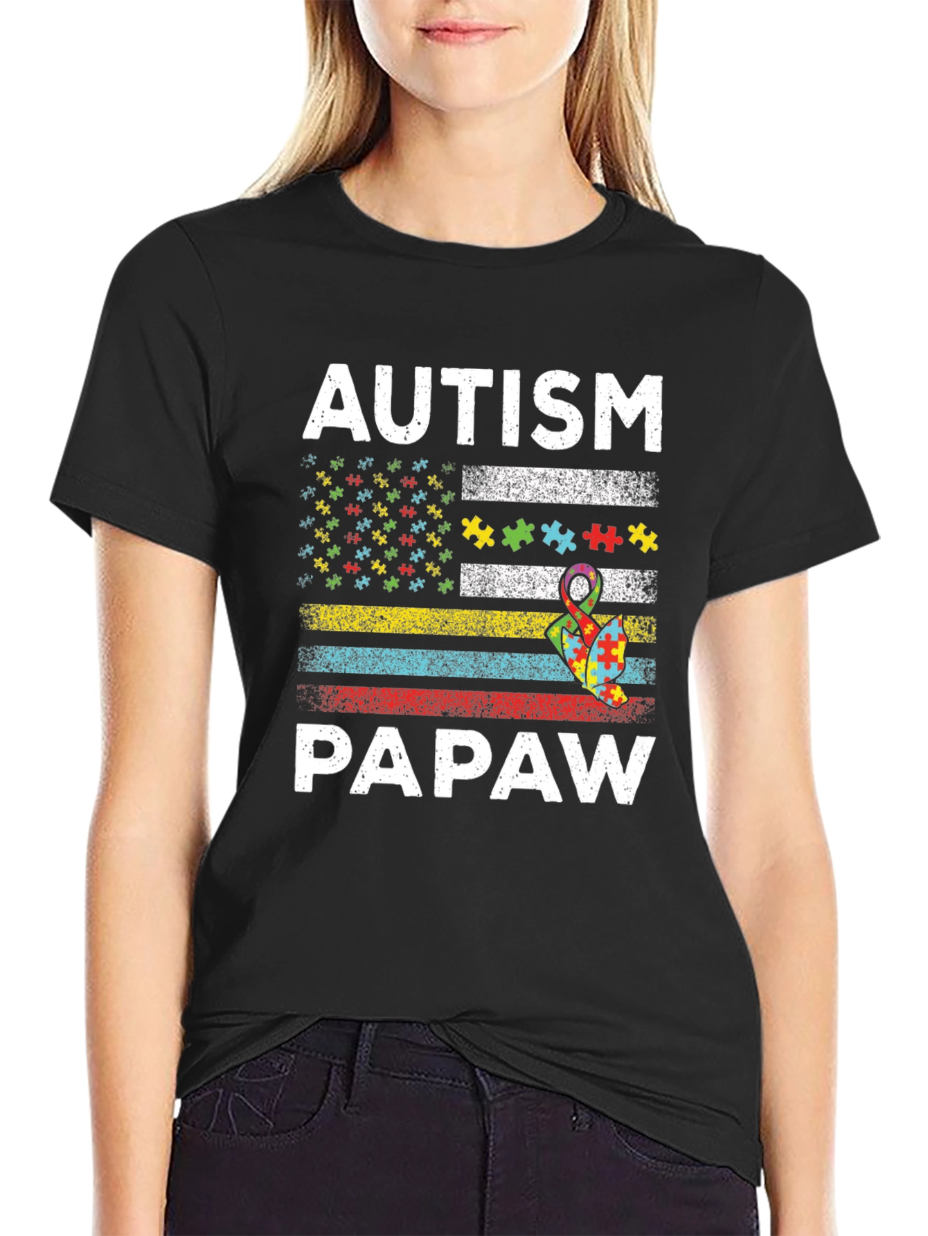 Autism Papaw T-Shirt - Puzzle Ribbon US Flag