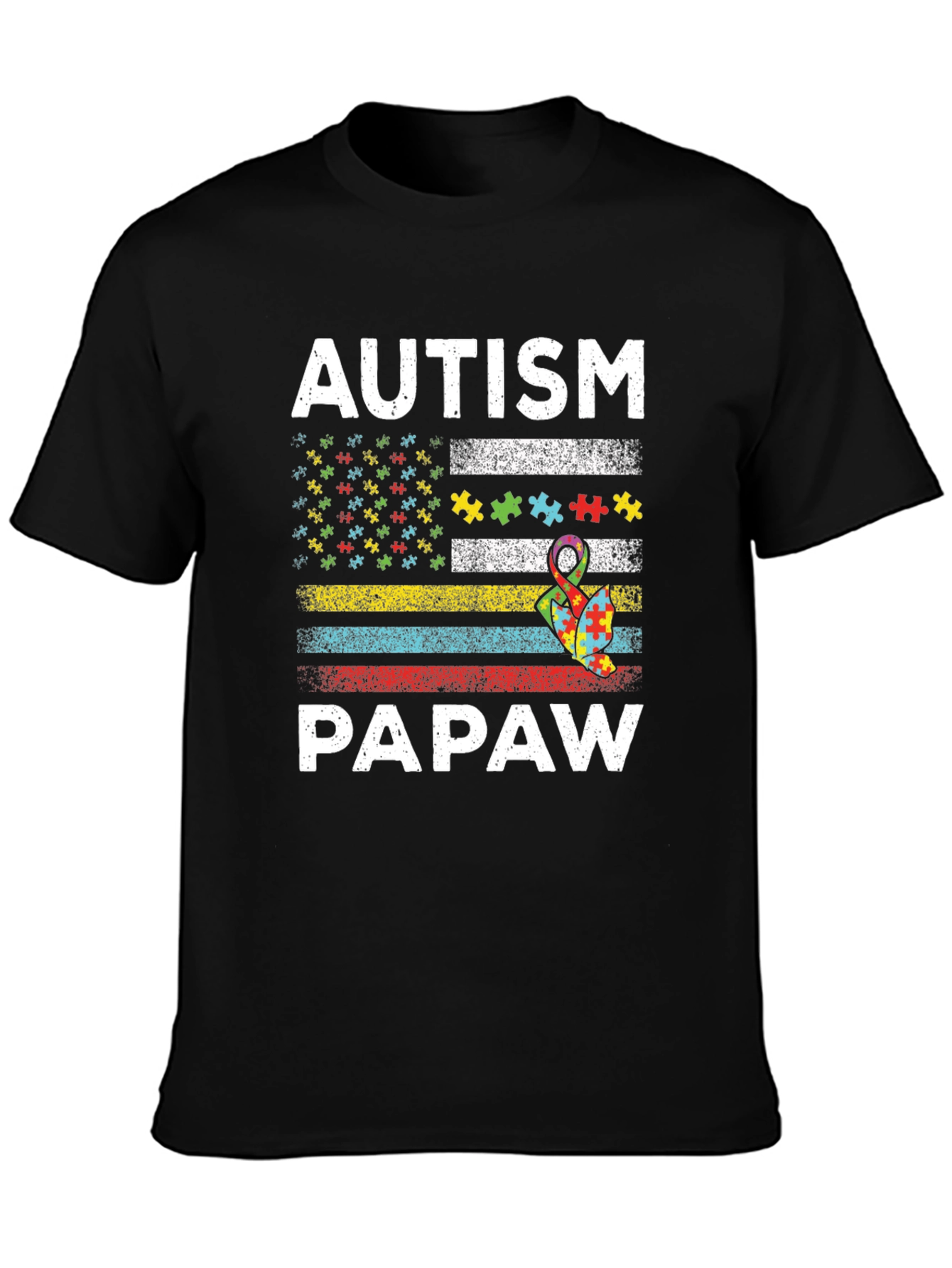 Autism Papaw T-Shirt - Puzzle Ribbon US Flag