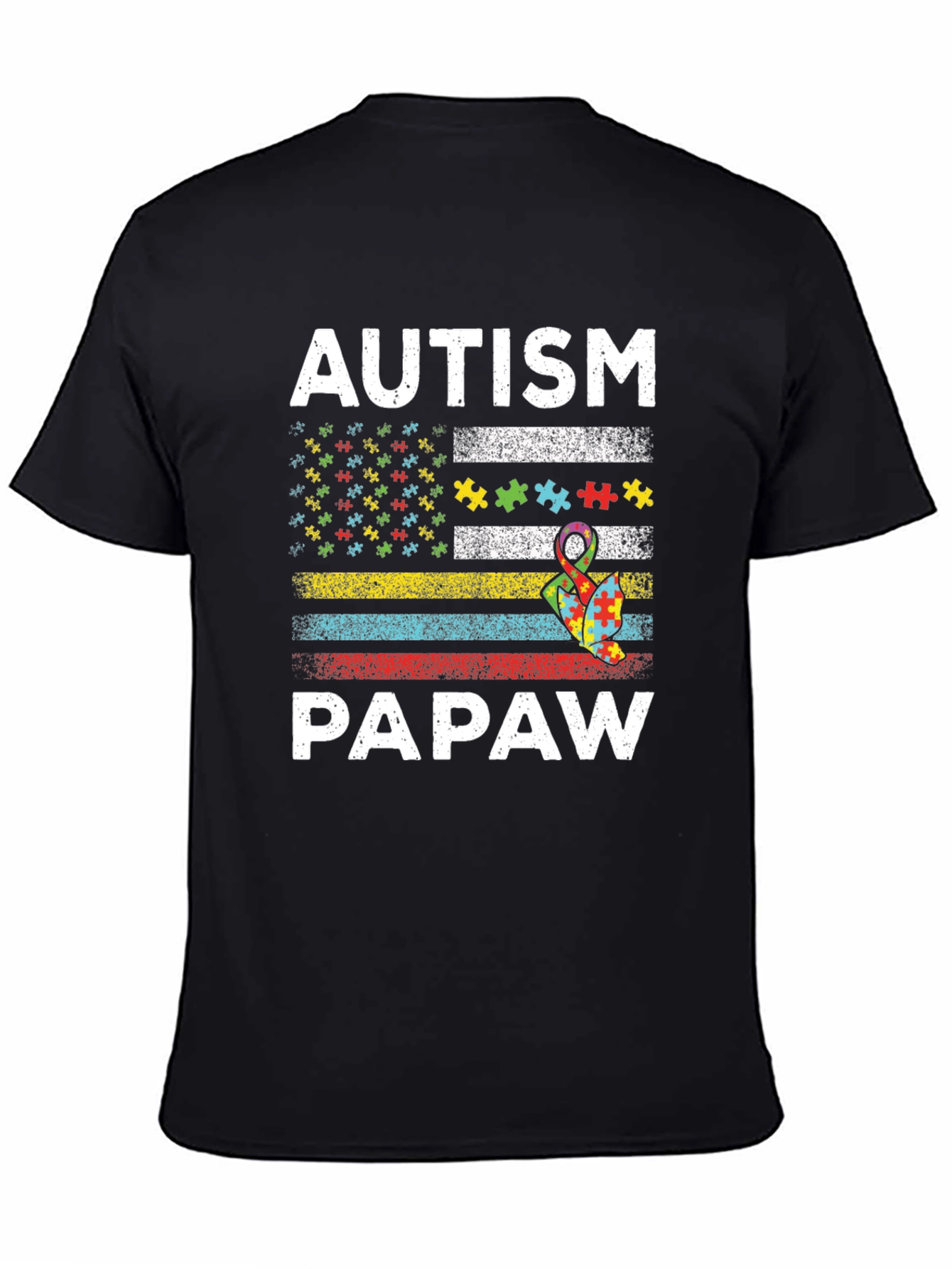 Autism Papaw T-Shirt - Puzzle Ribbon US Flag