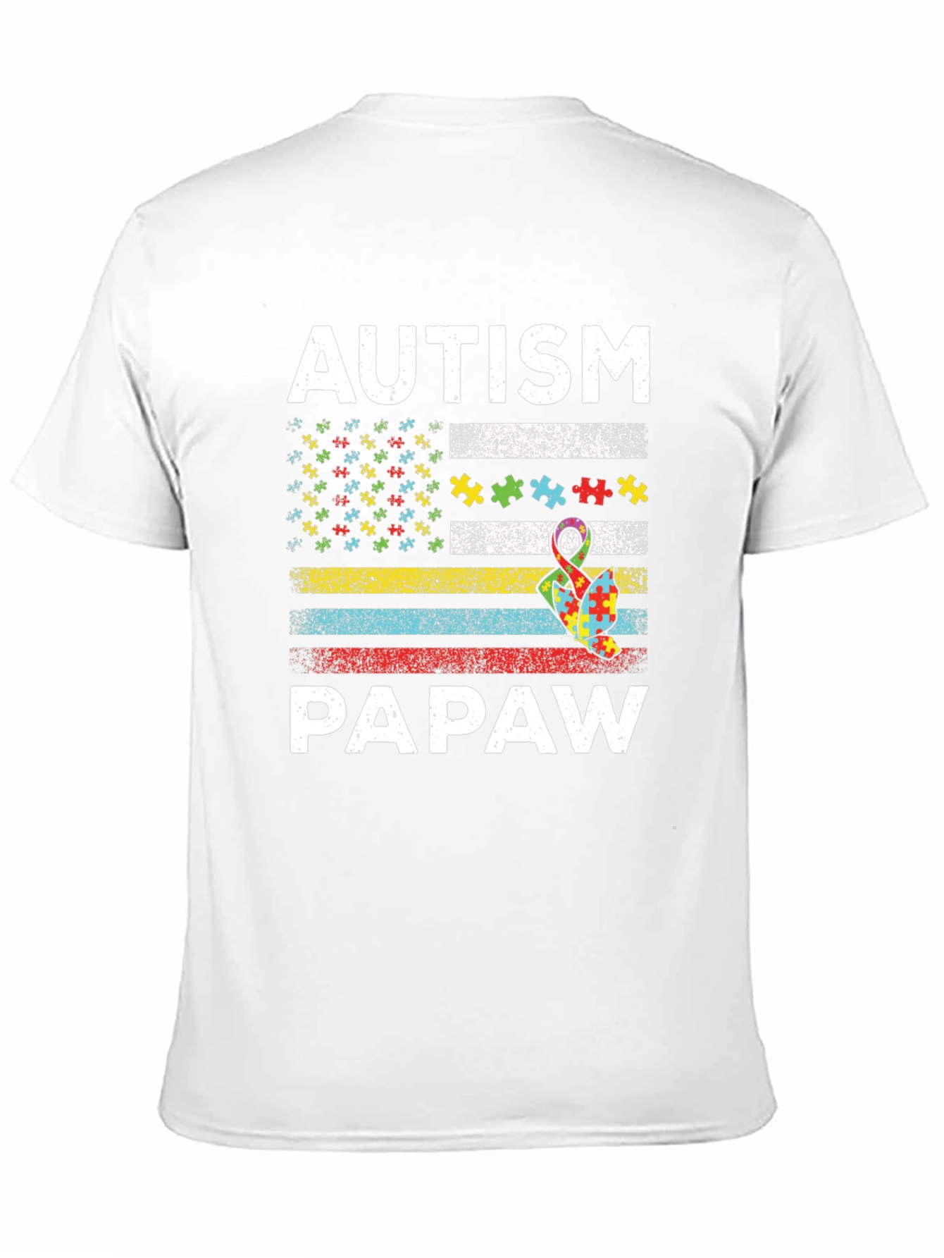 Autism Papaw T-Shirt - Puzzle Ribbon US Flag
