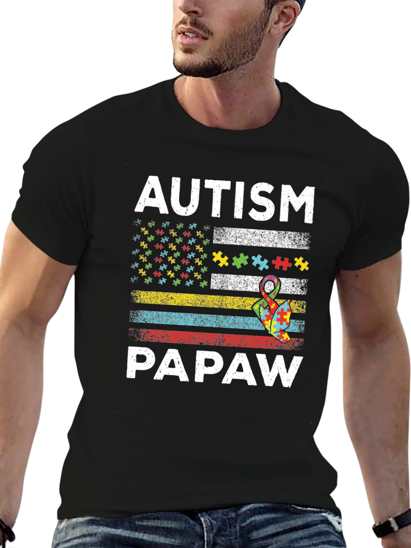 Autism Papaw T-Shirt - Puzzle Ribbon US Flag