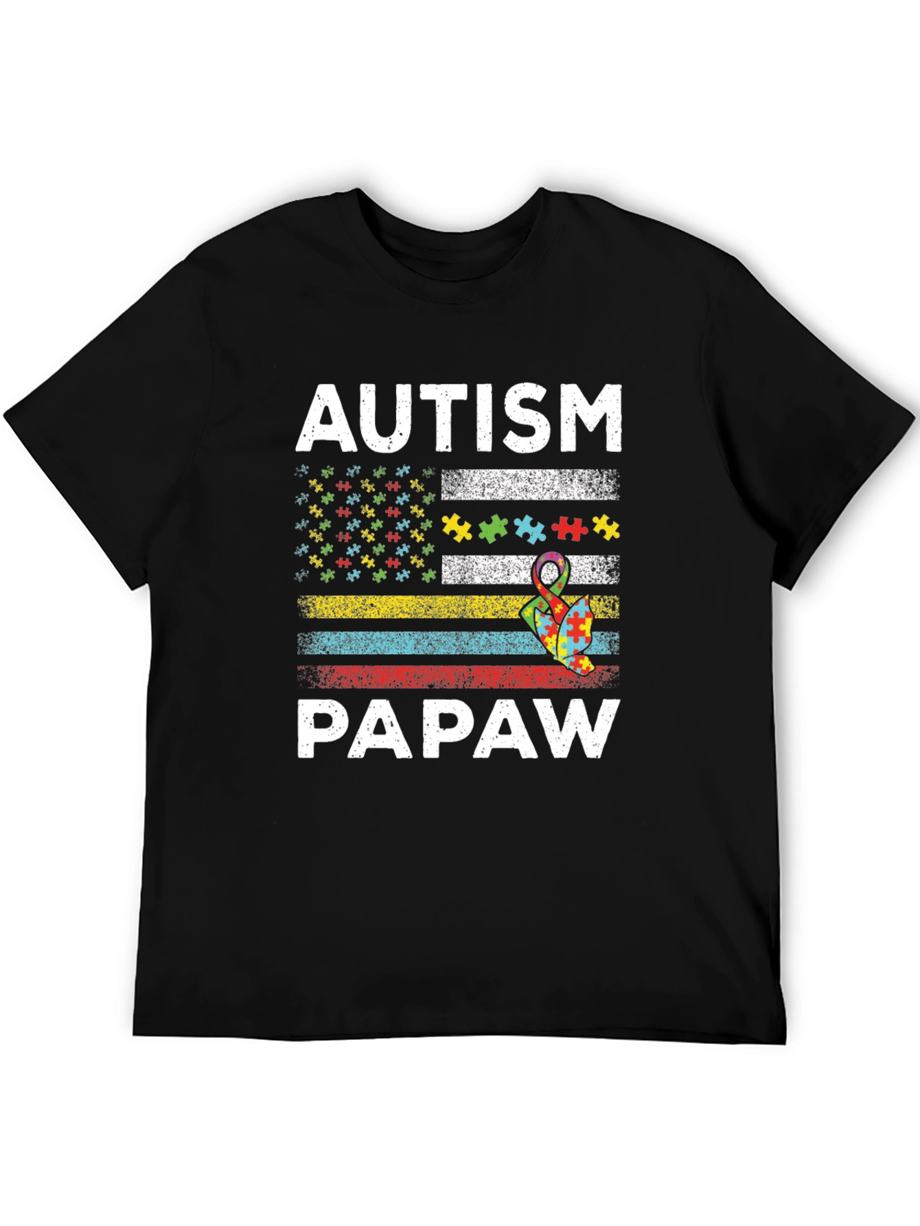 Autism Papaw T-Shirt - Puzzle Ribbon US Flag
