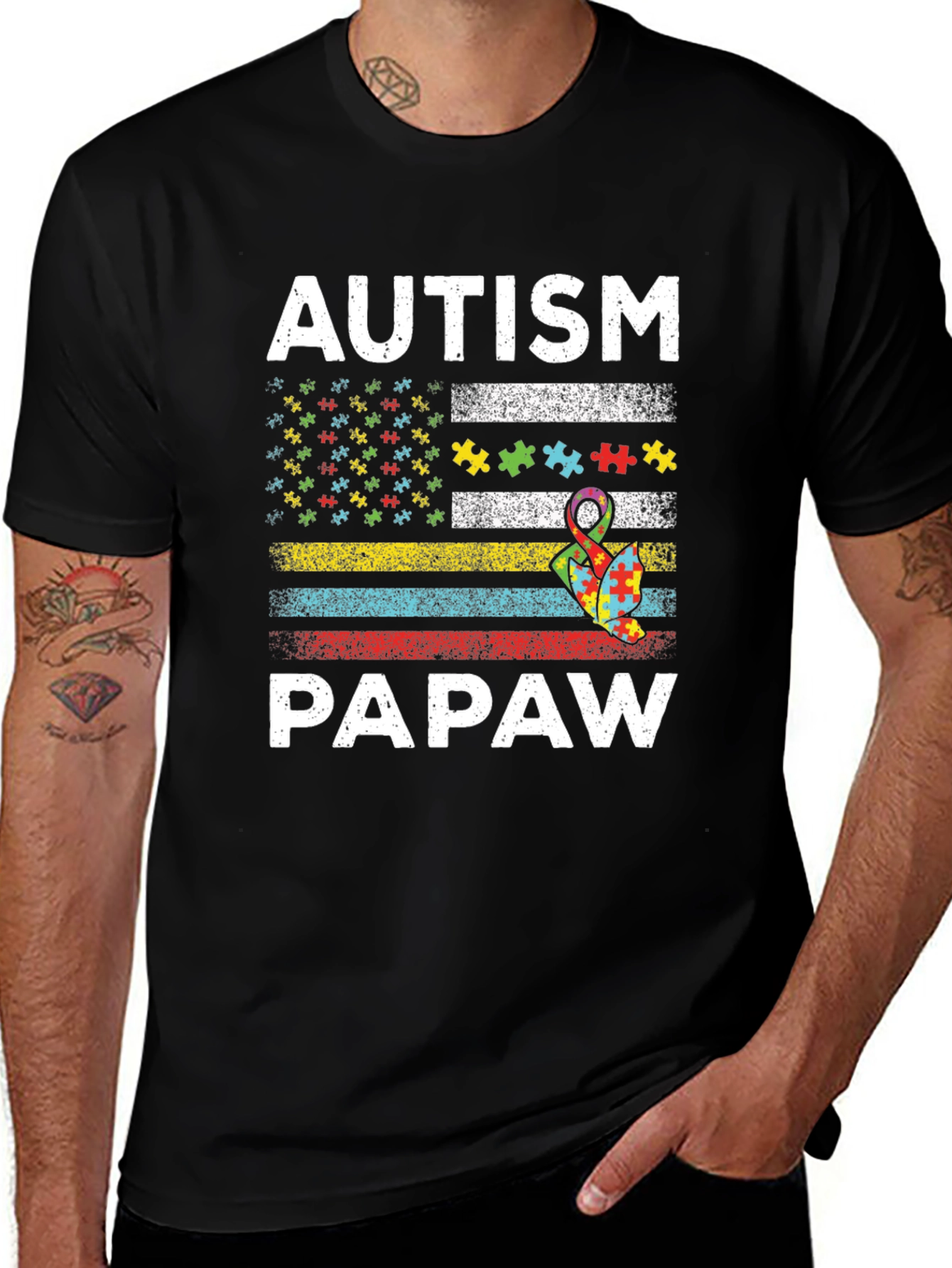 Autism Papaw T-Shirt - Puzzle Ribbon US Flag