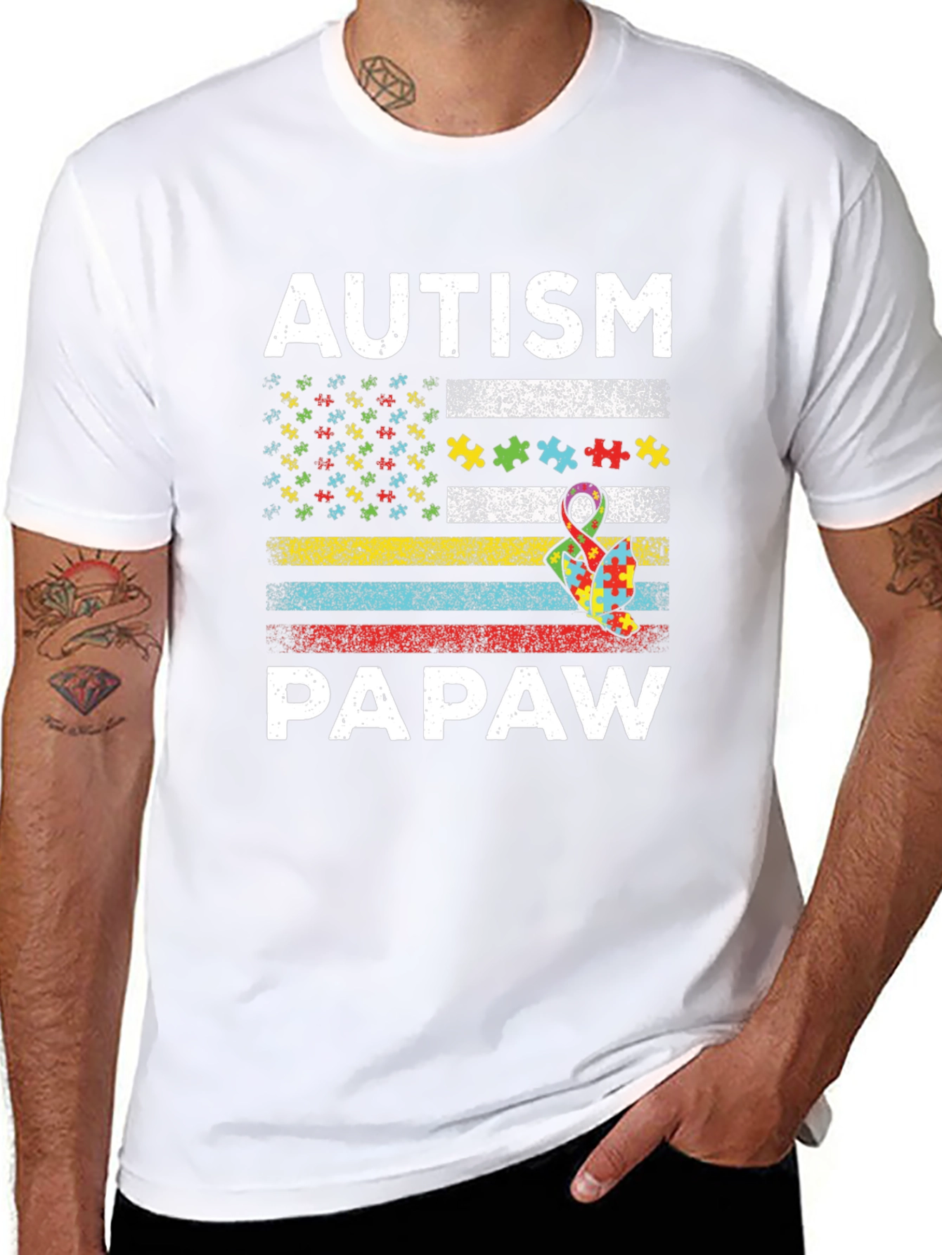 Autism Papaw T-Shirt - Puzzle Ribbon US Flag
