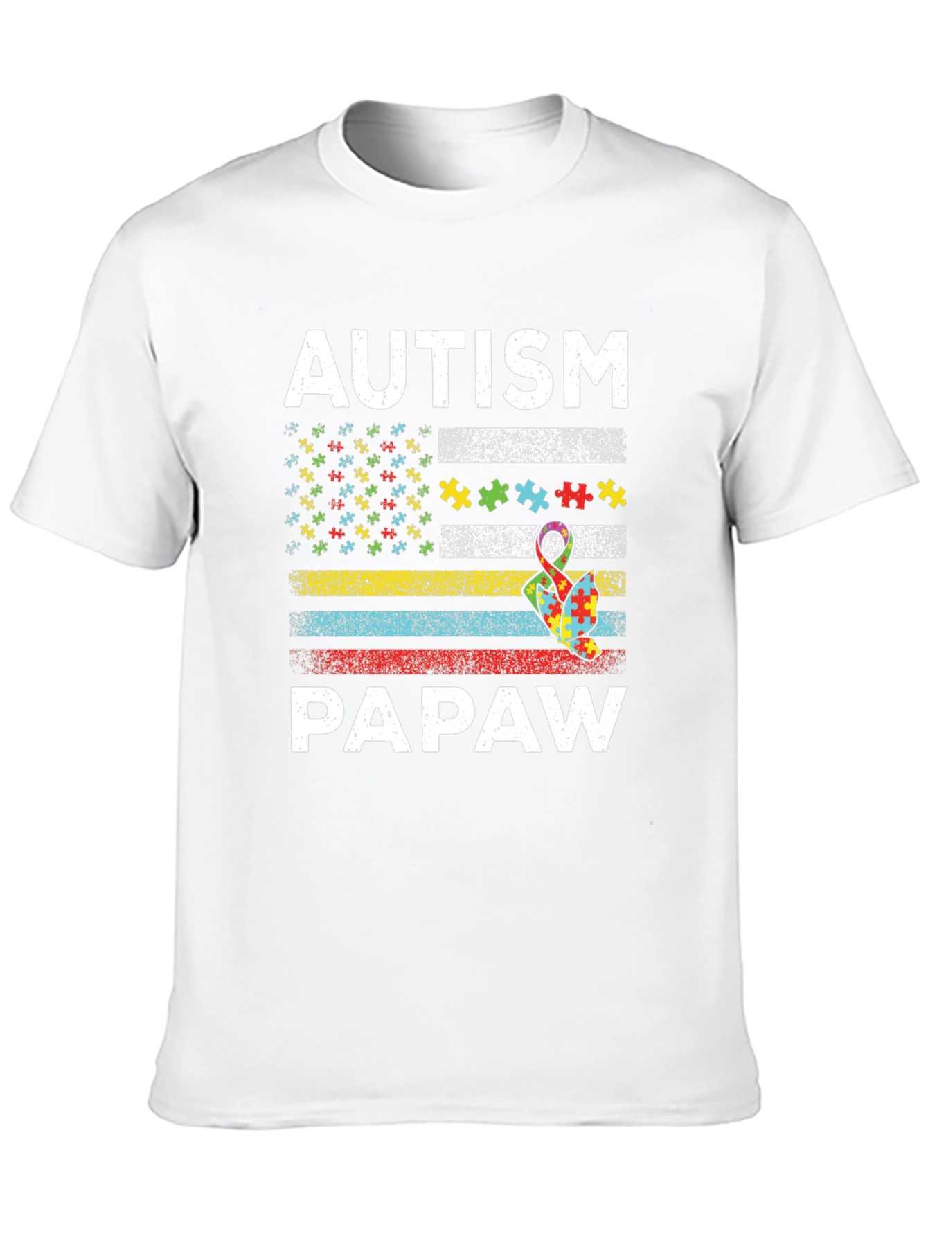 Autism Papaw T-Shirt - Puzzle Ribbon US Flag