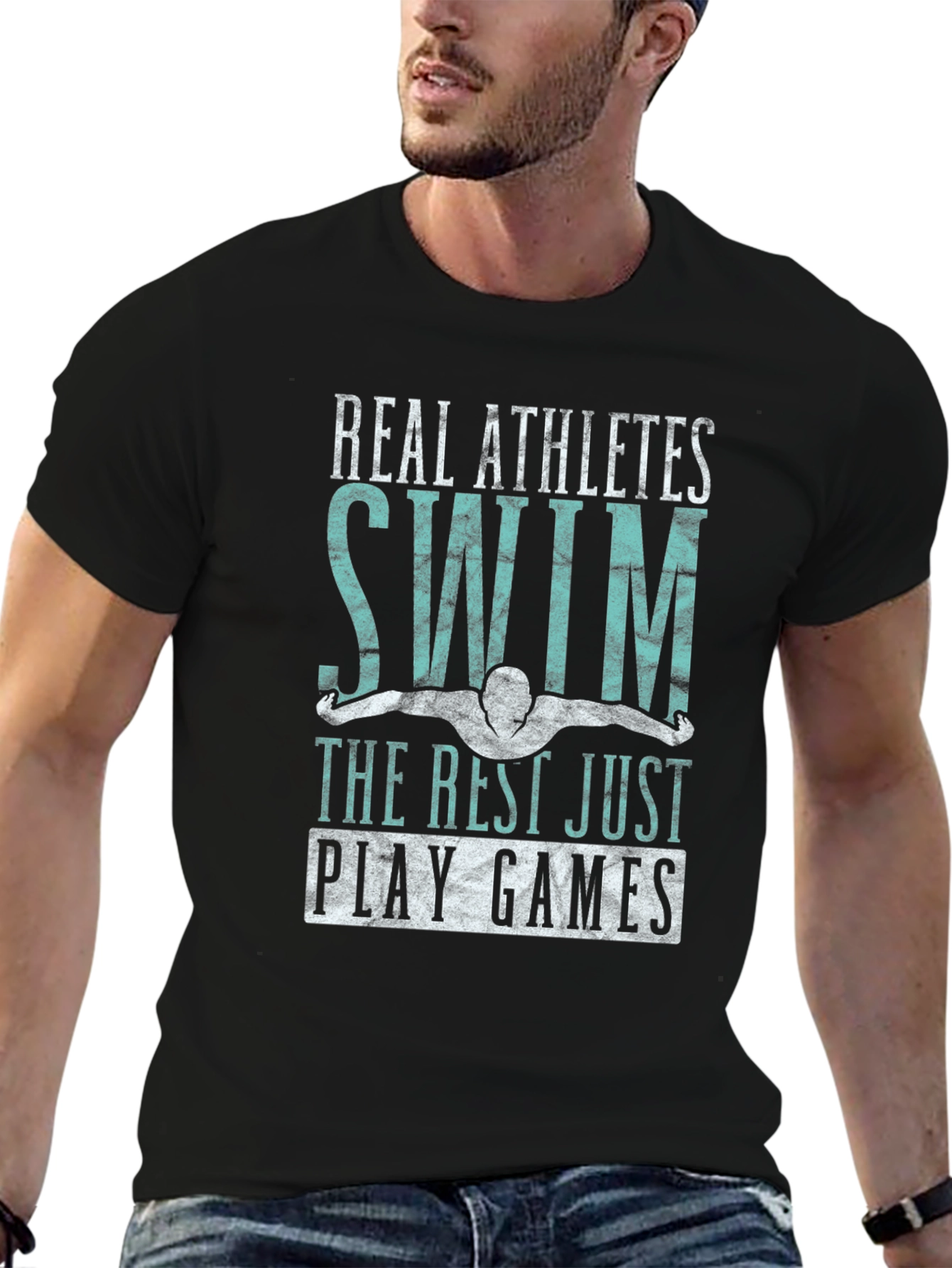 Real Athletes Swim Black Graphic T-Shirt