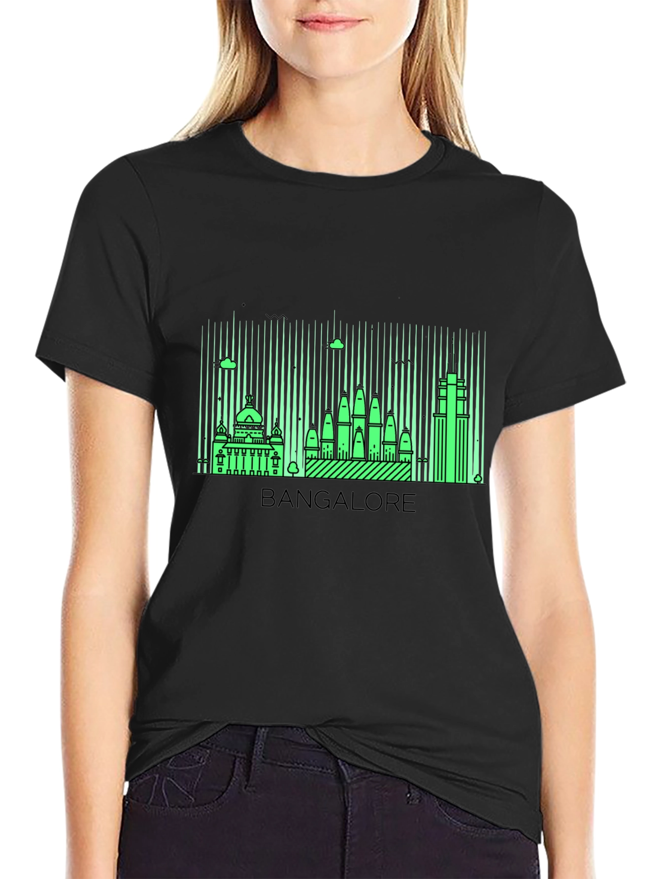 Bangalore Skyline Graphic Print Black T-Shirt