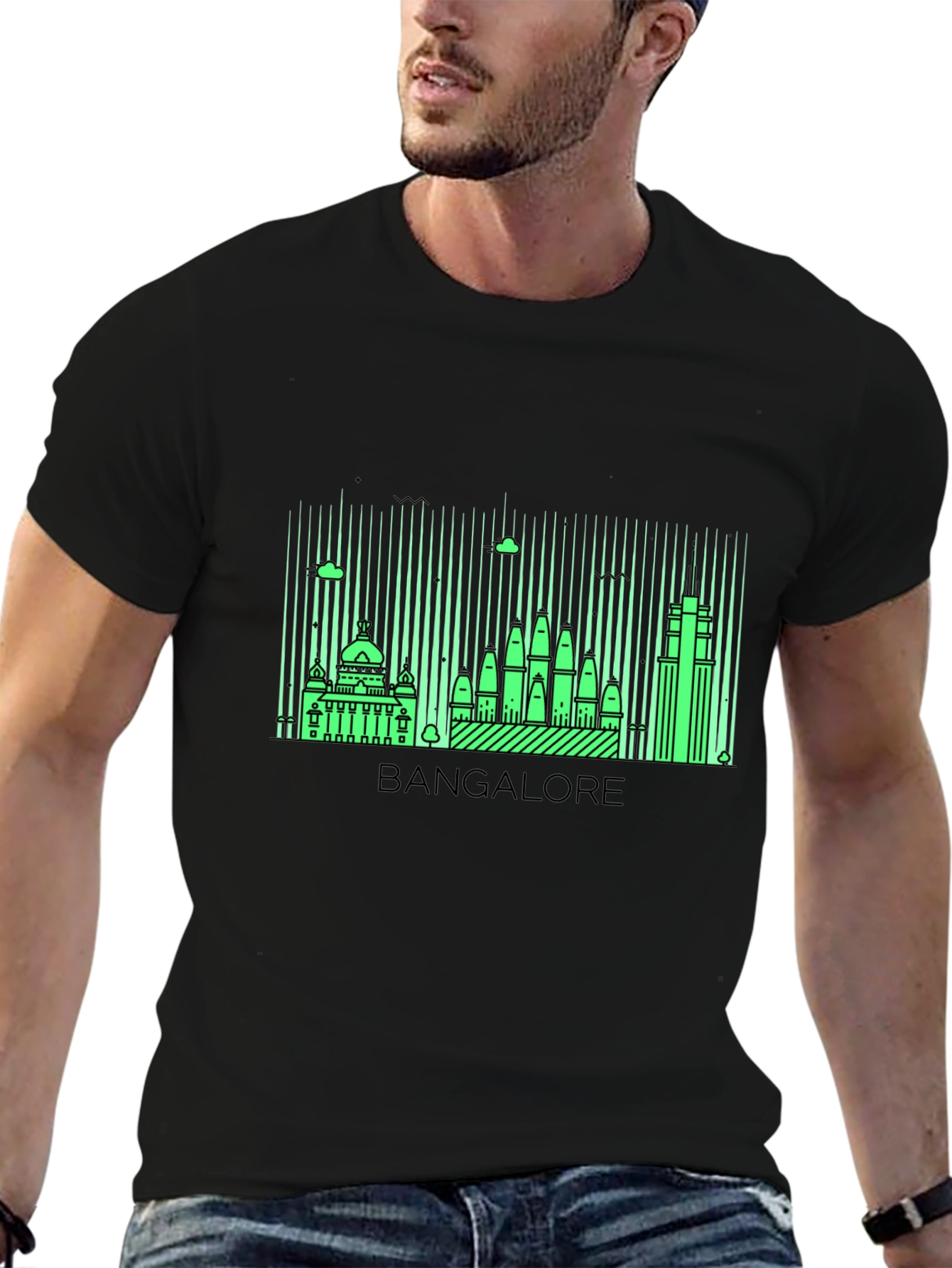 Bangalore Skyline Graphic Print Black T-Shirt