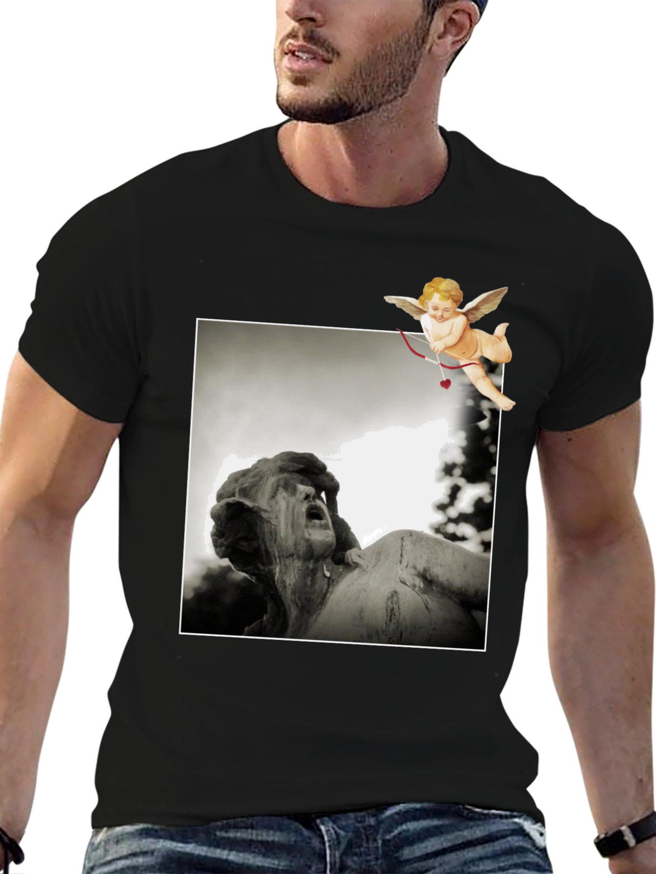 Cupid Statue Graphic Black T-Shirt