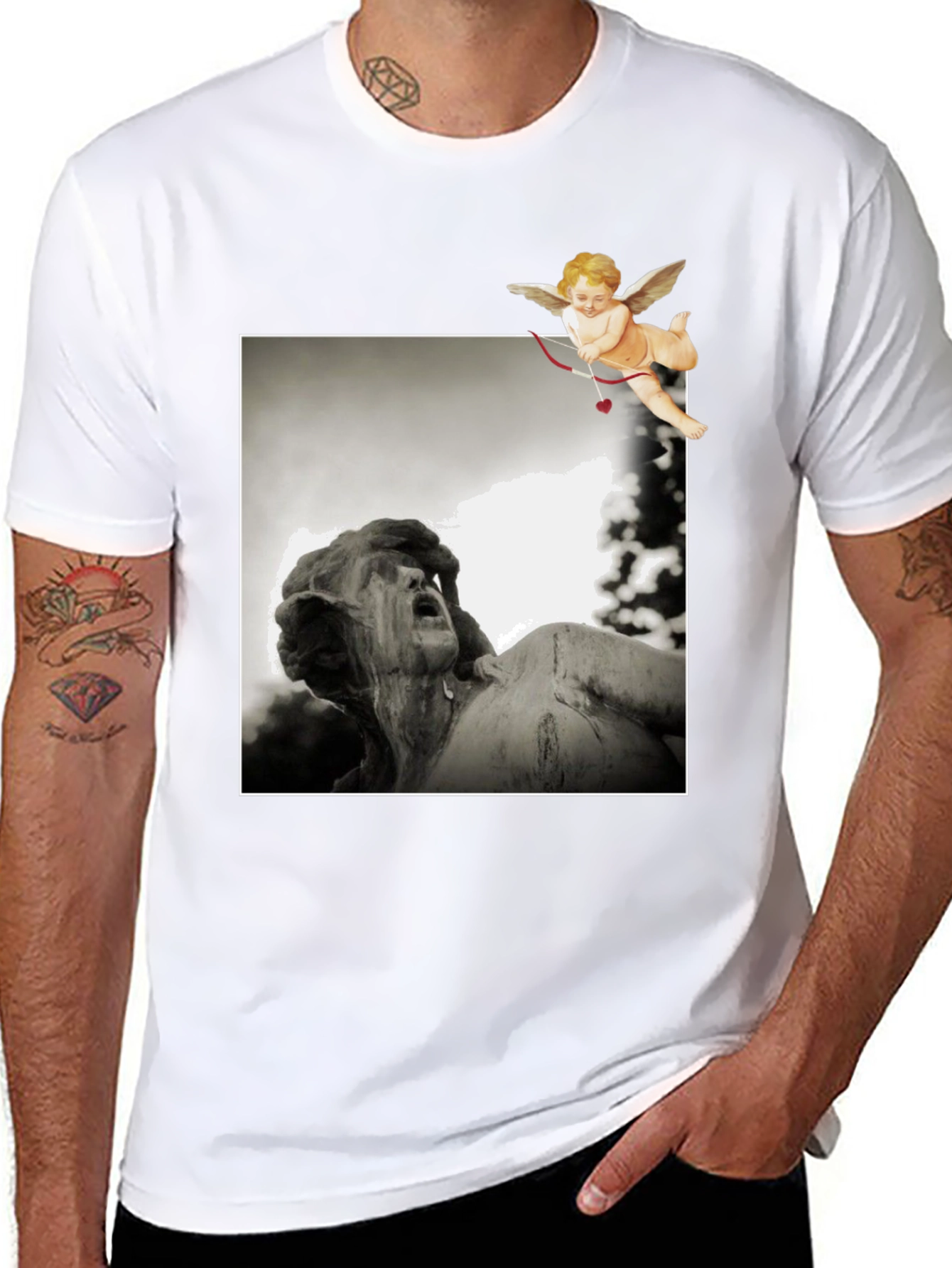 Cupid Statue Graphic Black T-Shirt
