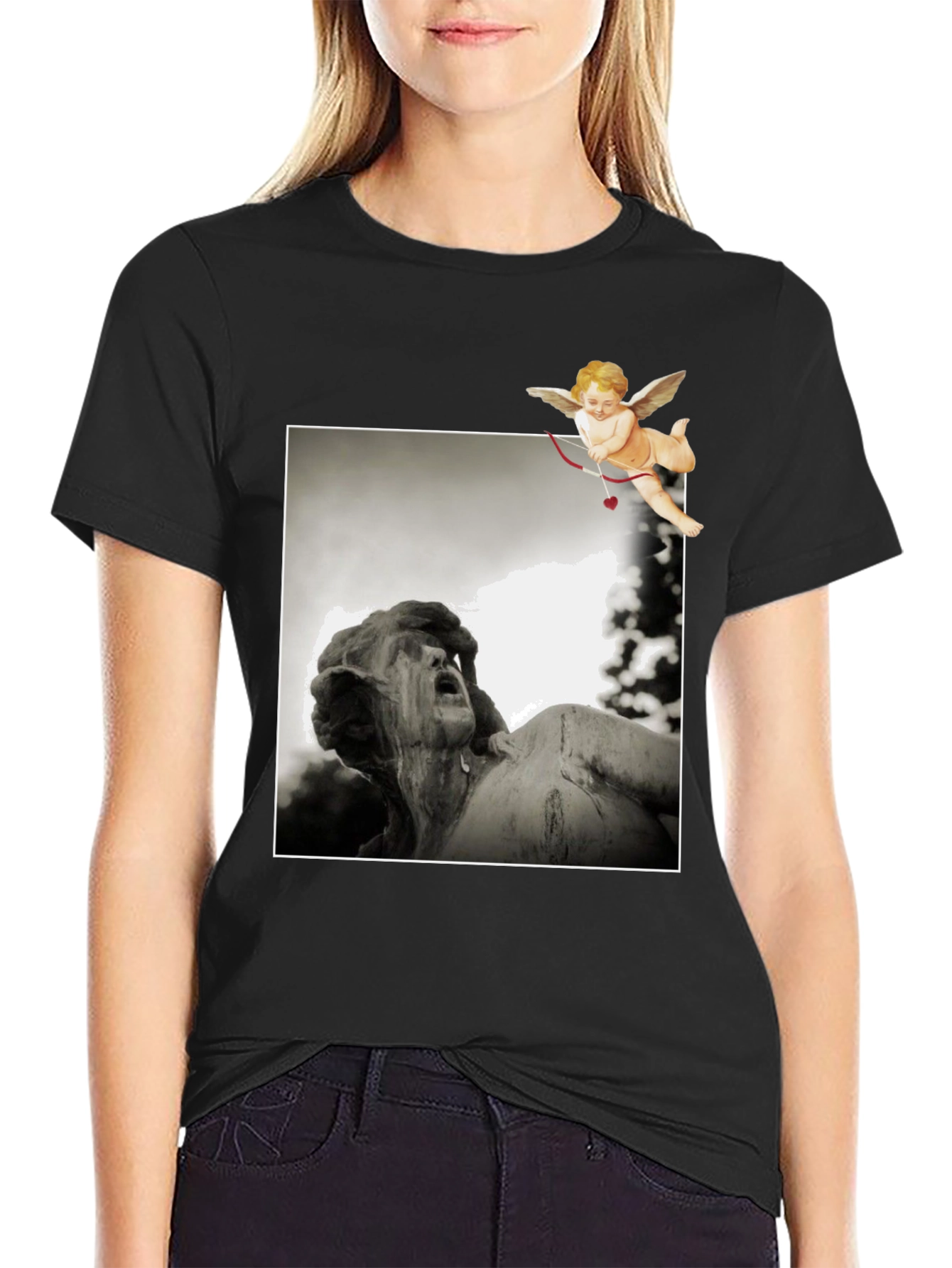 Cupid Statue Graphic Black T-Shirt