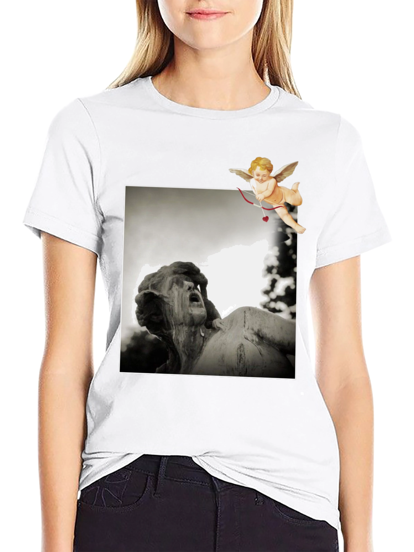 Cupid Statue Graphic Black T-Shirt