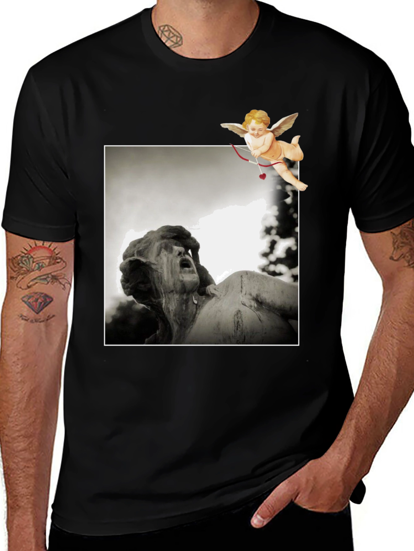 Cupid Statue Graphic Black T-Shirt