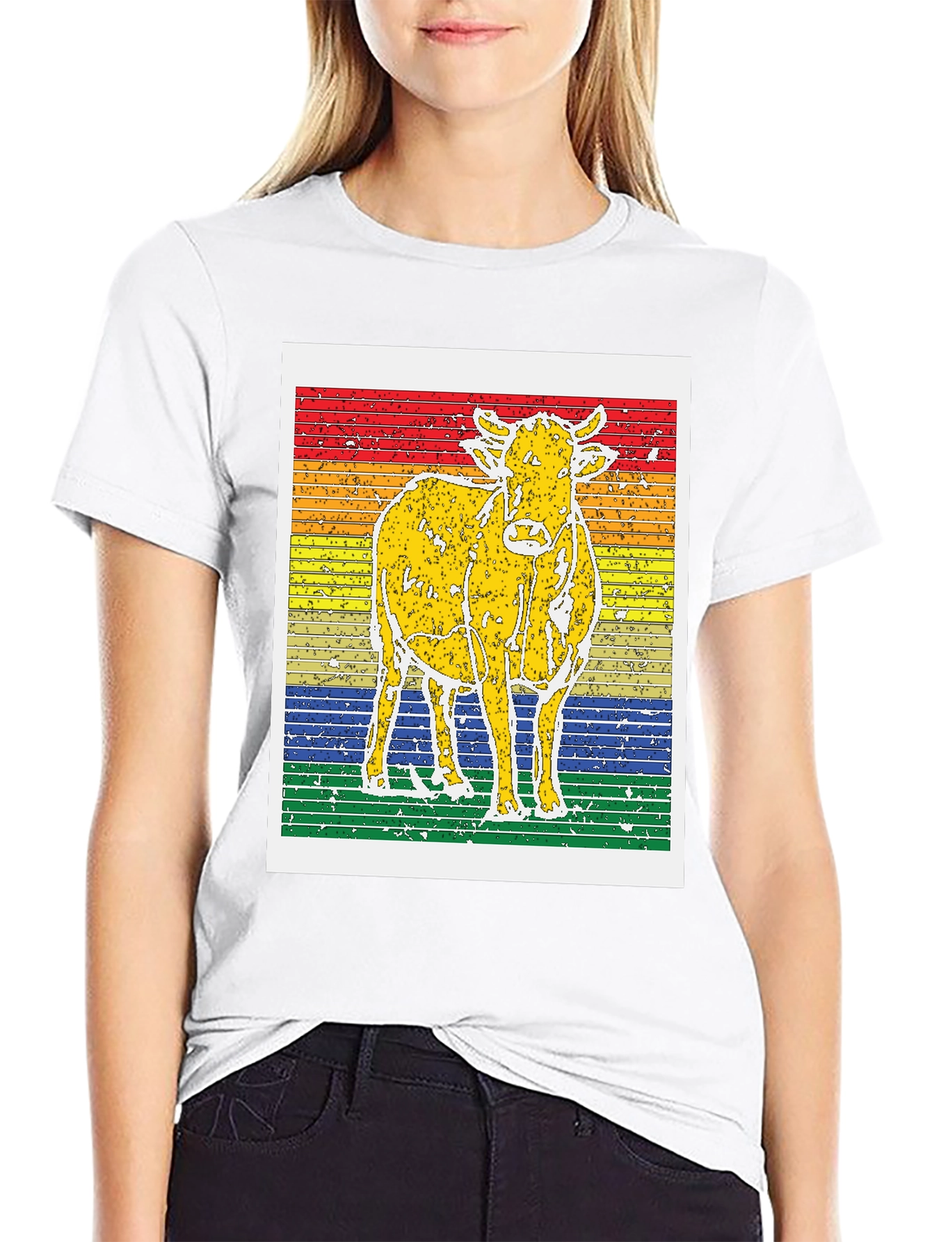 Retro Cow Graphic Tee - Striped Background Unisex T-Shirt