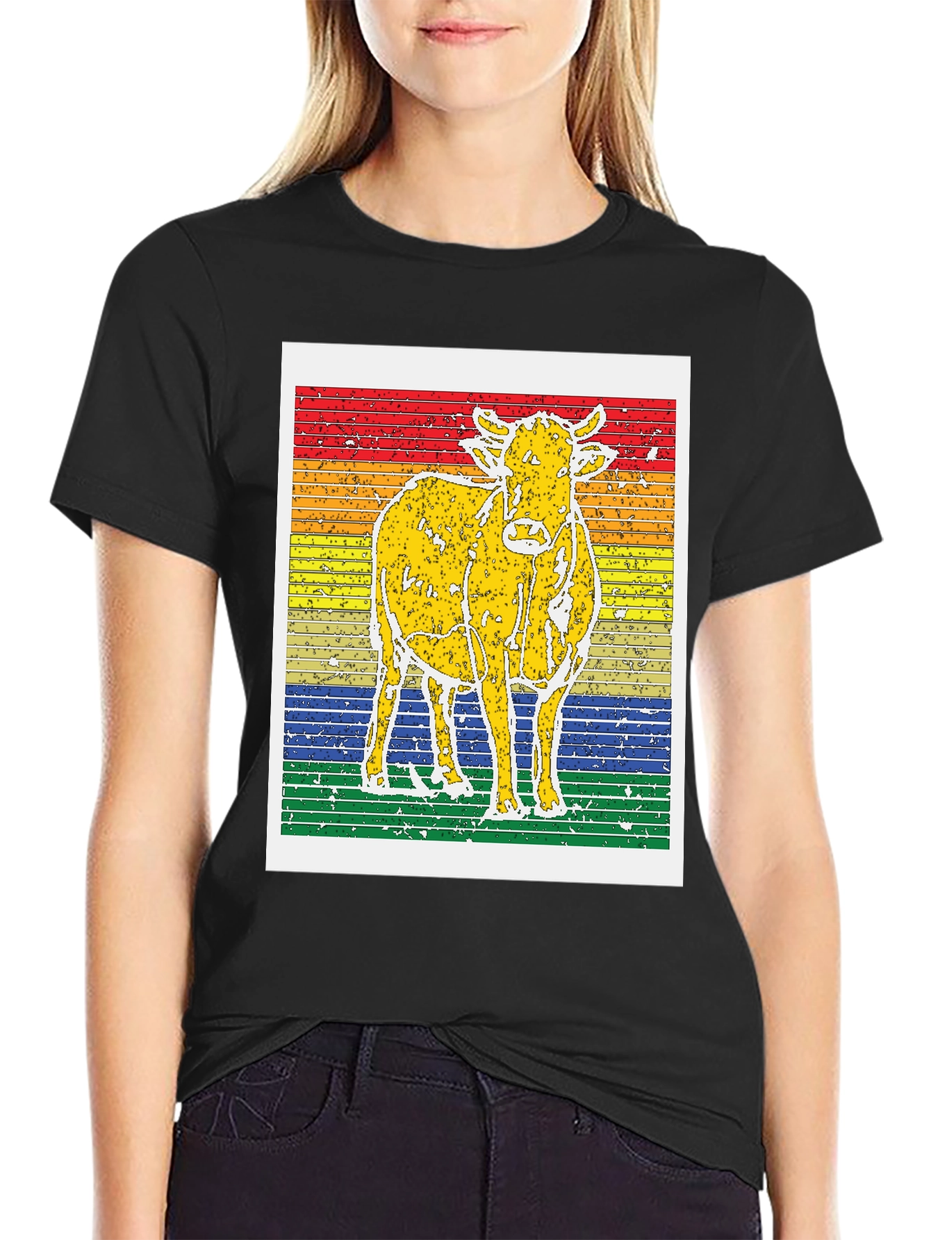Retro Cow Graphic Tee - Striped Background Unisex T-Shirt