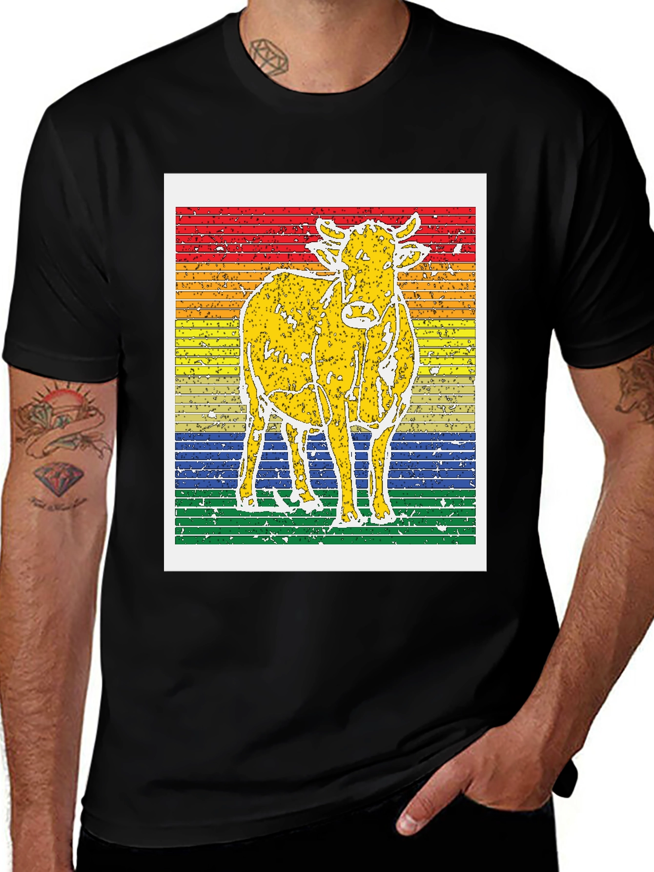 Retro Cow Graphic Tee - Striped Background Unisex T-Shirt